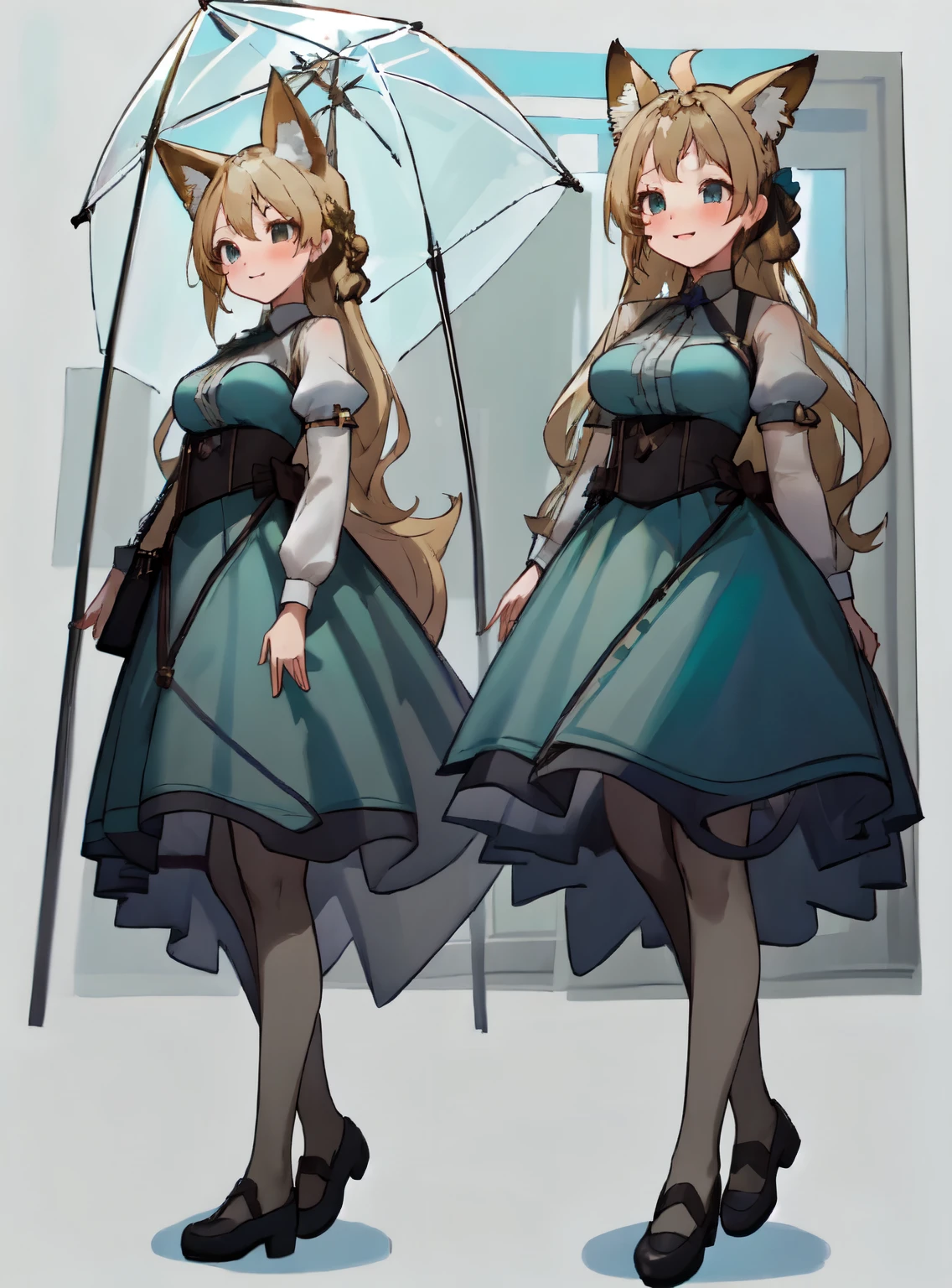 masterpiece: 1.6, highest quality: 1.4, live video: 1.2, intricate details: 1.2, ++, 1 girl, alone, ((blonde)), long hair, french braid, single ~ sidelock, Forehead: 1.5, fox ears, deep blue eyes, bright eyes, big breasts, thighs, green adventurer clothes, light clothing, pochette, ++, full body shot, multiple views, front, return, ~ side, Performance, ((Character setting material collection, Same character in different poses, character reversal: 1.5, multiple views)), (transparent returnground, gray returnground:1.5), arms behind return, portrait, Happy, Are crying, Get angry, smile