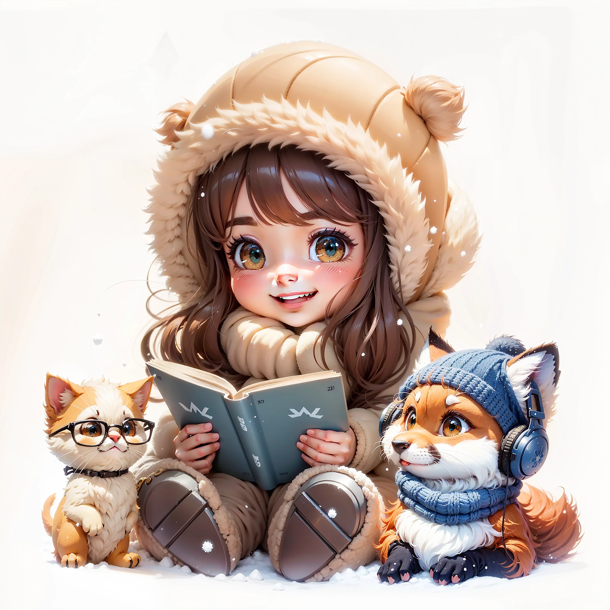 personagens felizes sorrindo, cute and sweet, details of snow on the ground.