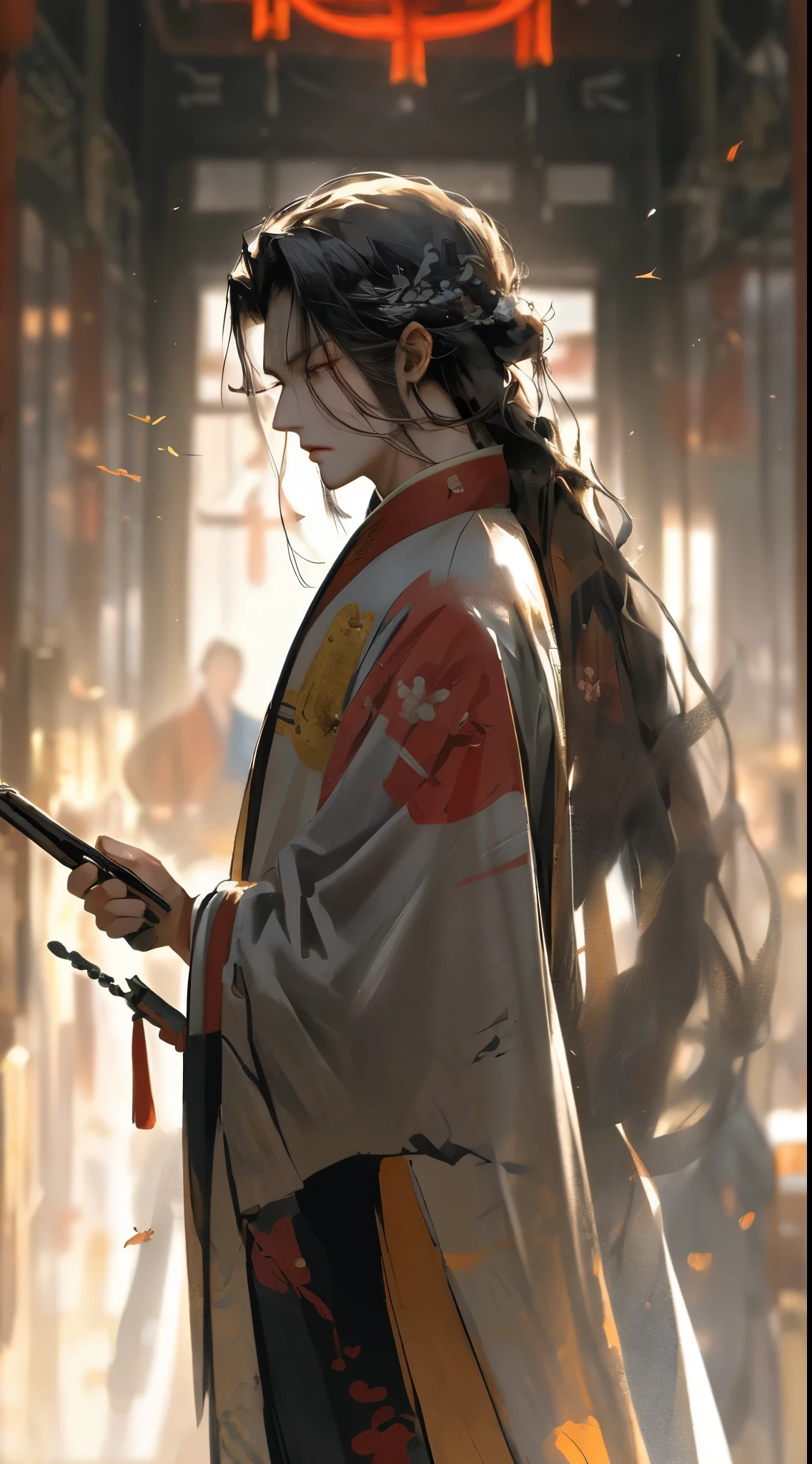 一个帅气的man,antiquity,中式antiquity,man,masterpiece,Gu Weizi,flowing hair,wearing robe,4k quality,handsome face,Long hair scattered,man