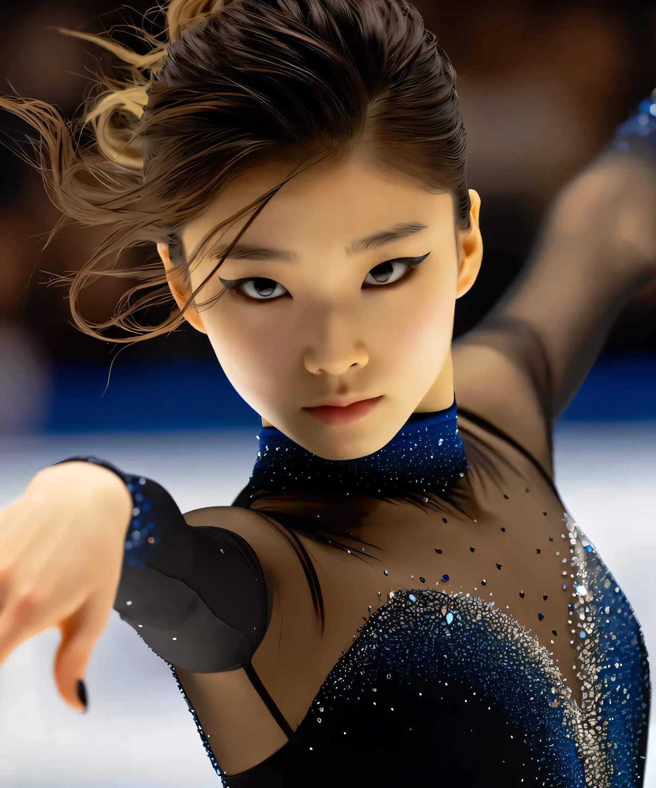 25 year old Asian woman, clear makeup, long eyelashes, figure skater, woman with acting skills, alone, Capture the final pose at the end of the performance。。, That person is clear, Super detailed, cinematic lighting, Depth of written boundary, surrealism, figure skating costumes