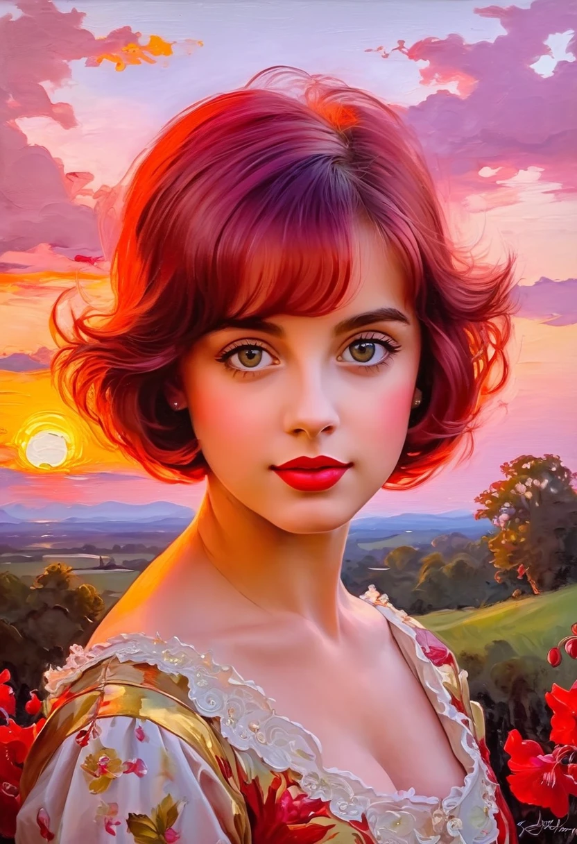 [(front portrait:1girl with big eyes and a short red+liliac htrricane bob)((Harrison Fisher style))):20]/[background:landscape Baroque (crimson sunset), style Raphael], very colorful,((oil painting)),((masterpiece)),single shot