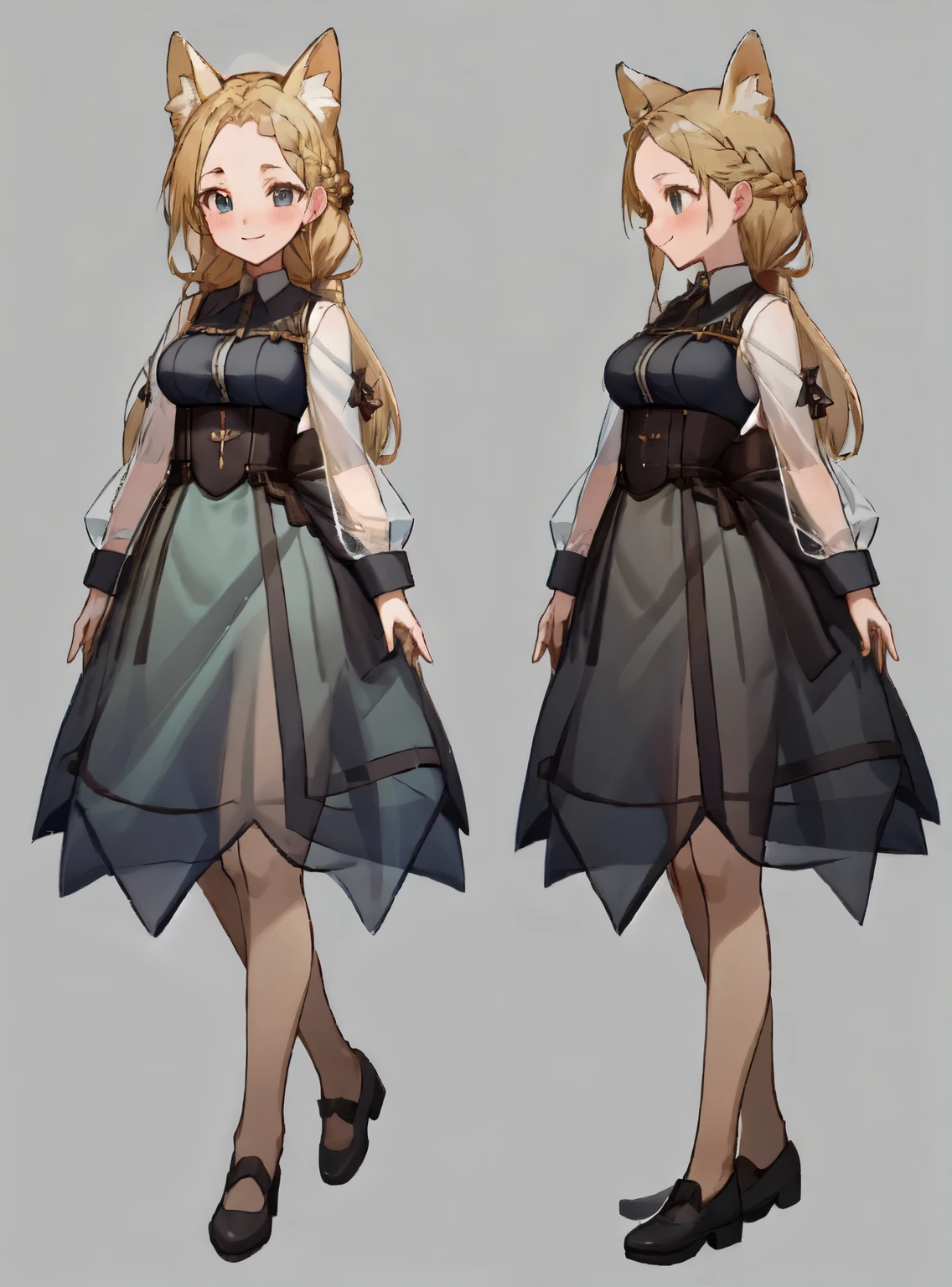 masterpiece: 1.6, highest quality: 1.4, live video: 1.2, intricate details: 1.2, ++, 1 girl, alone, ((blonde)), long hair, french braid, single ~ sidelock, Forehead: 1.5, fox ears, deep blue eyes, bright eyes, big breasts, thighs:1.5, green adventurer clothes:1.2, light clothing, pochette, ++, full body shot, multiple views, front, return, ~ side, Performance, ((Character setting material collection, Same character in different poses, character reversal: 1.5, multiple views)), (transparent returnground, gray returnground:1.5), arms behind return, portrait, Happy, Are crying, Get angry, smile