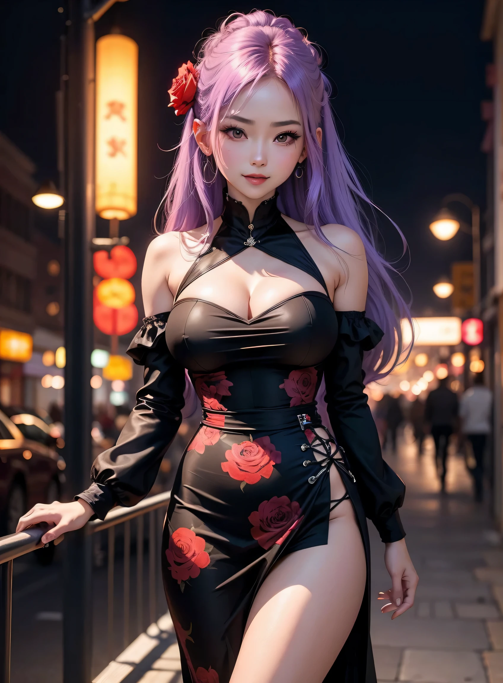 sfw, Cute One Girl, (Very small breasts:1.2), Longhaire, Gradient Hair Purple, the whole, japanes, Sauvage Hair, An ultra-high picture quality, ultra-quality,Raking up your hair with your , Happy smile, Beautiful night view, (Black red rose pattern dress), Live-action adaptation, in 8K, wearing bra,((skinny waist)), young asian girl, ((big breasted)),