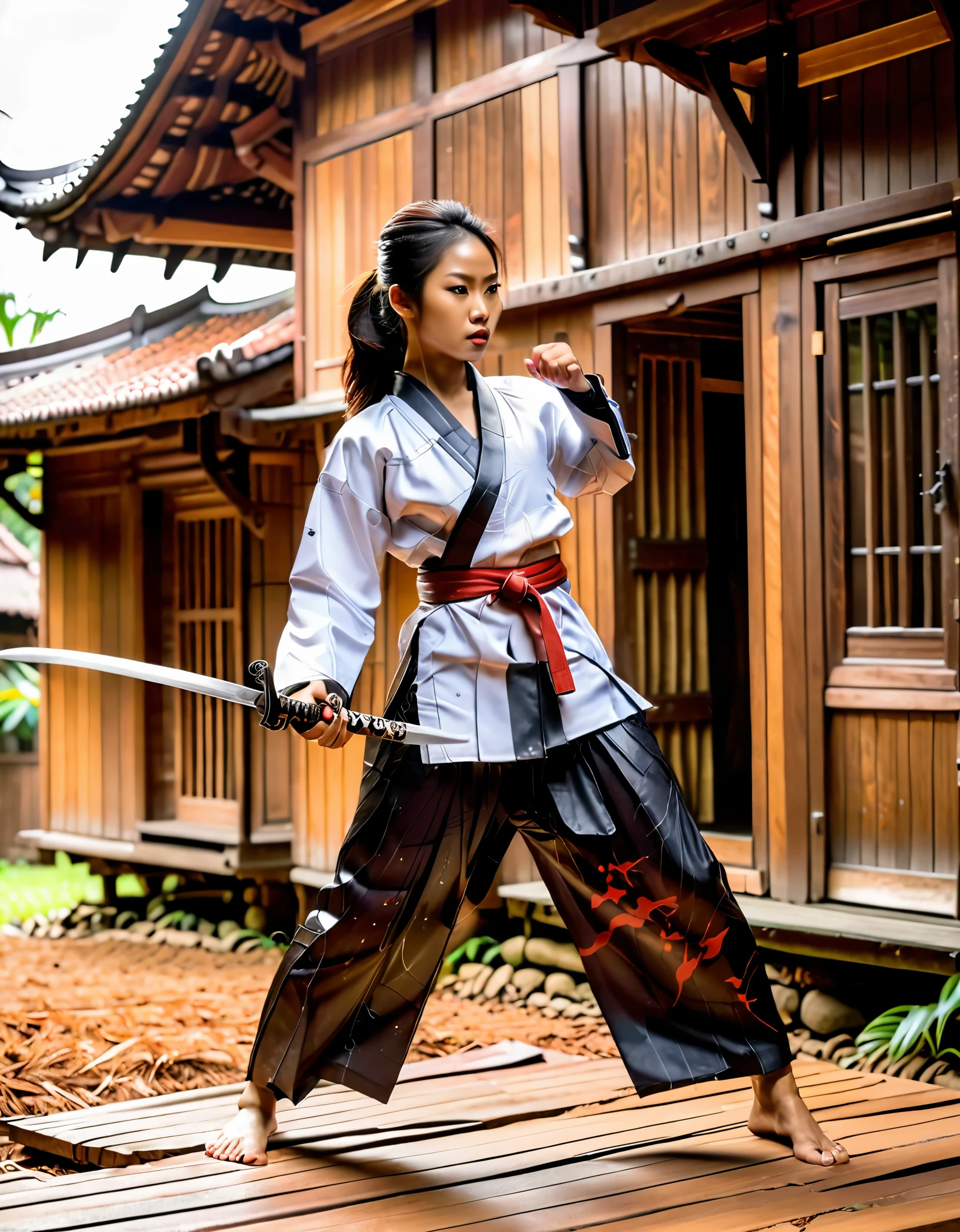 just like in reality, a beautiful Indonesian woman wearing karate clothes, is practicing self-defense by showing how to attack the enemy, her left hand is holding a uniquely patterned reverse katana sword, and her right hand is just holding, in front of a wooden house facing the camera, the background is warm, cloudy weather