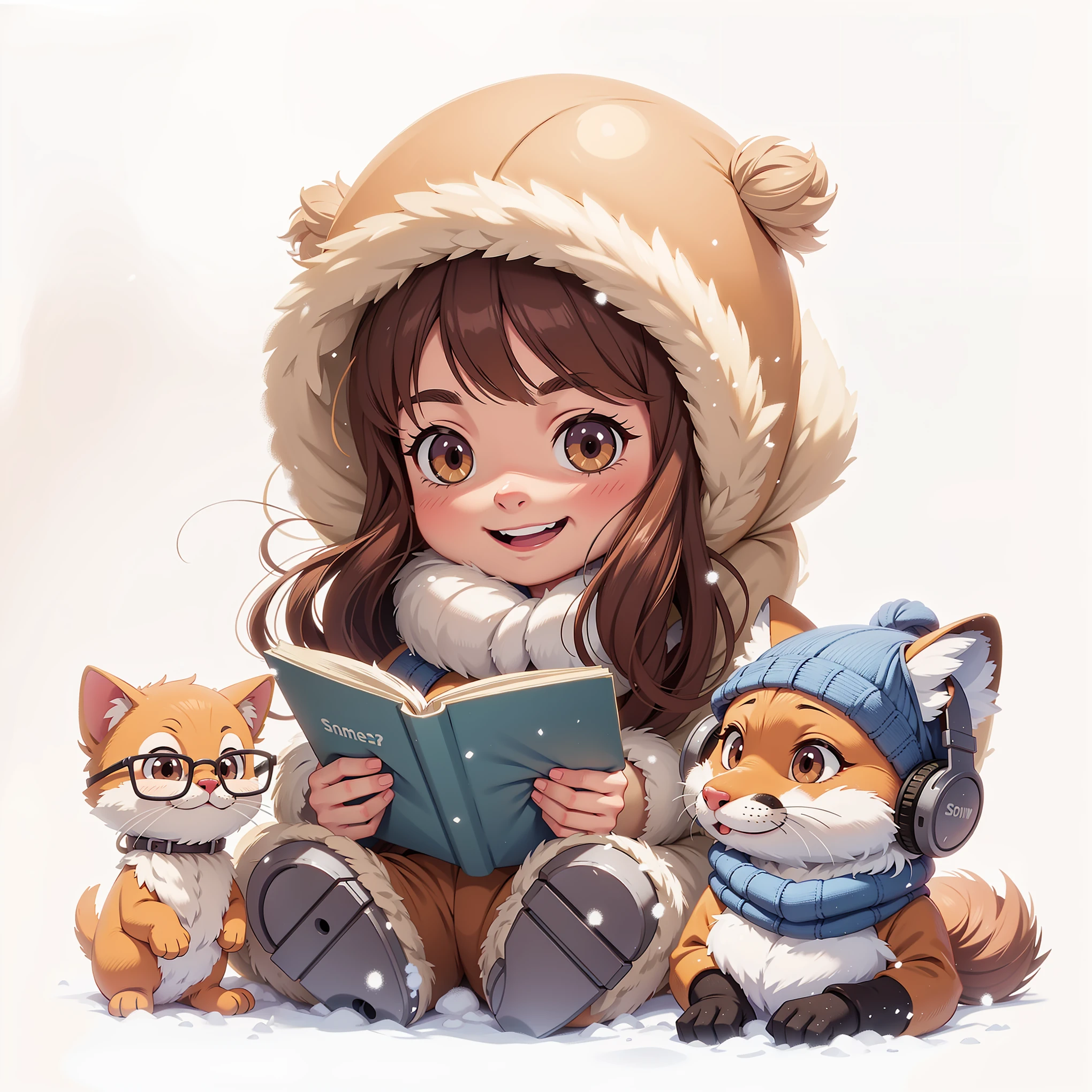 personagens felizes sorrindo, cute and sweet, details of snow on the ground.