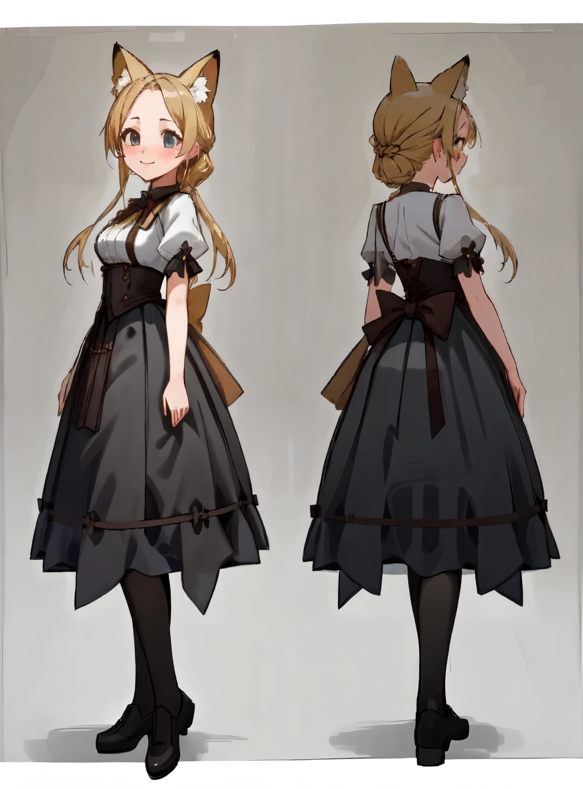 masterpiece: 1.6, highest quality: 1.4, live video: 1.2, intricate details: 1.2, ++, 1 girl, alone, ((blonde)), long hair, french braid, single ~ sidelock, Forehead: 1.5, fox ears, fox tail: 1.2, deep blue eyes, bright eyes, big breasts, thighs:1.5, green adventurer clothes:1.2, light clothing, pochette, ++, full body shot, multiple views, front, return, ~ side, Performance, ((Character setting material collection, Same character in different poses, character reversal: 1.5, multiple views)), (transparent returnground, gray returnground:1.5), arms behind return, portrait, Happy, Are crying, Get angry, smile