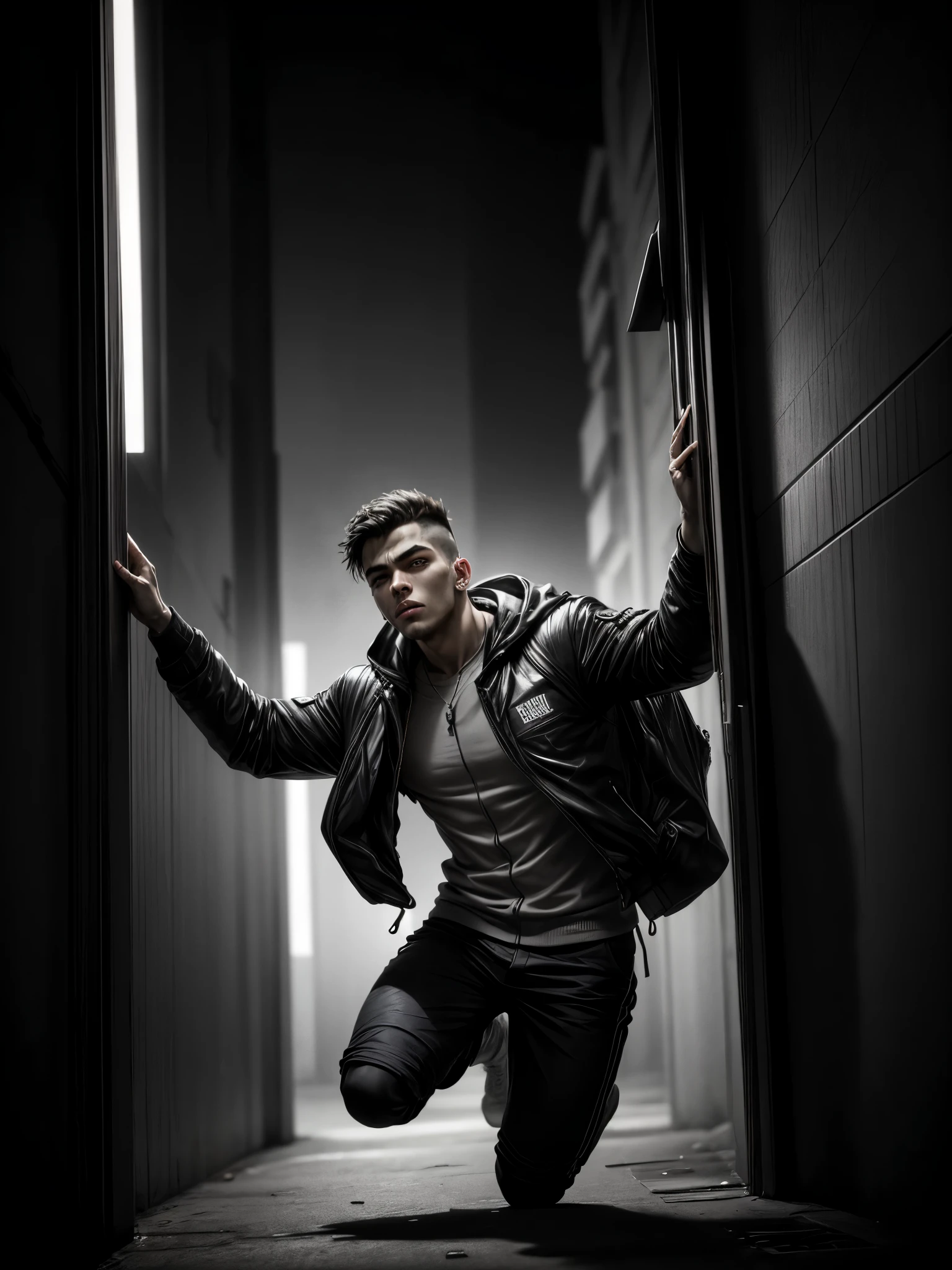 full shot, wearing complex cyberpunk urban clothing, handsome, young boy, dynamic pose, jumping over a wall, detailed portrait, 32k, bright colors, concept art, dramatic cinematic atmosphere of cyberpunk city, sharp focus, volumetric lighting, cinematic lighting, quality studio, neon letters.