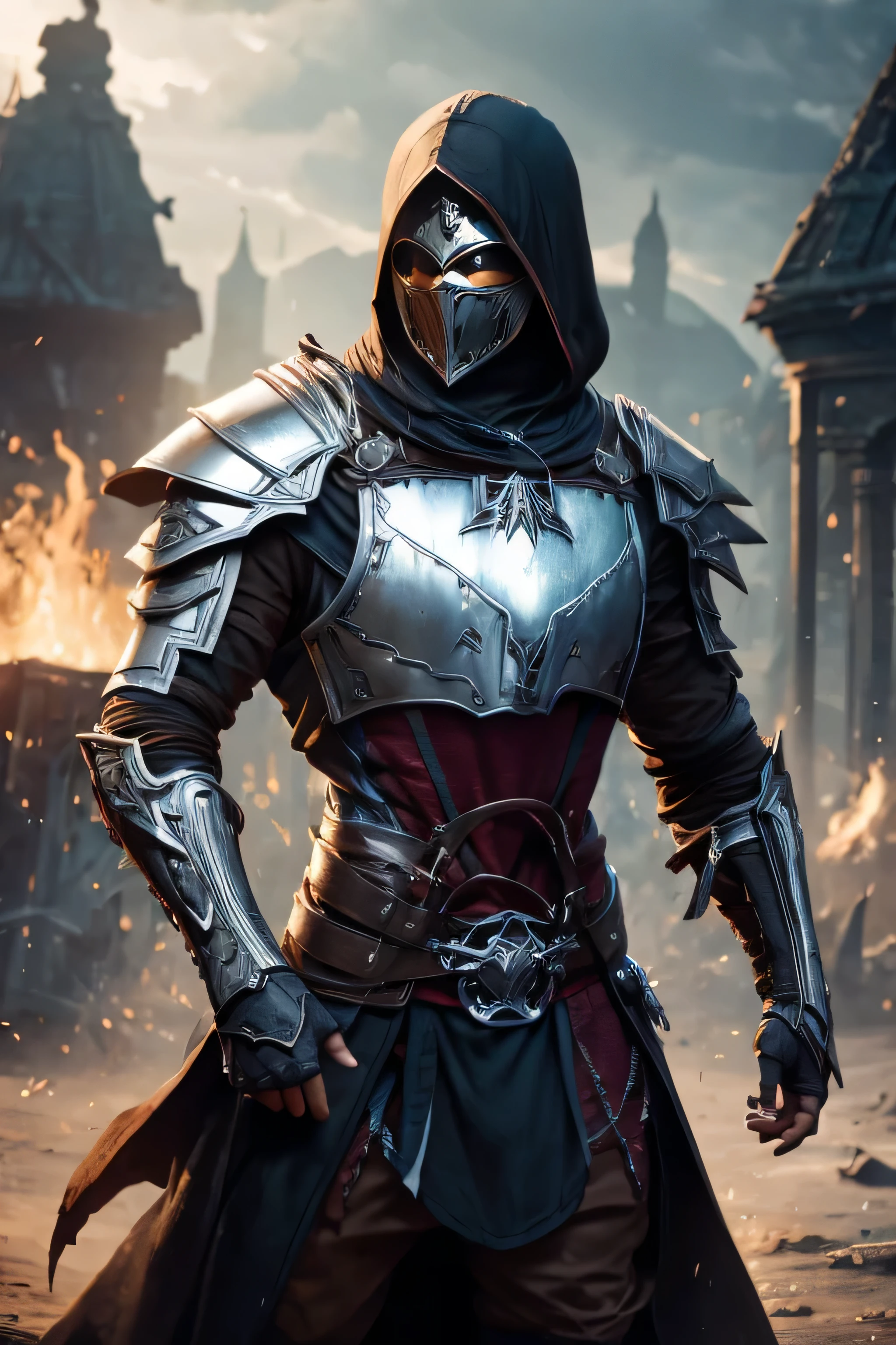 a armadura do homem de ferro modelo assassin's creed, na cor preta, metal obsidiana preta, armadura negra com propriedades das sombras, capuz levantado, armadura ornamentada, belos detalhes, modelo estilo assassino medieval, bem desenhado, desenho realista, alta qualidades