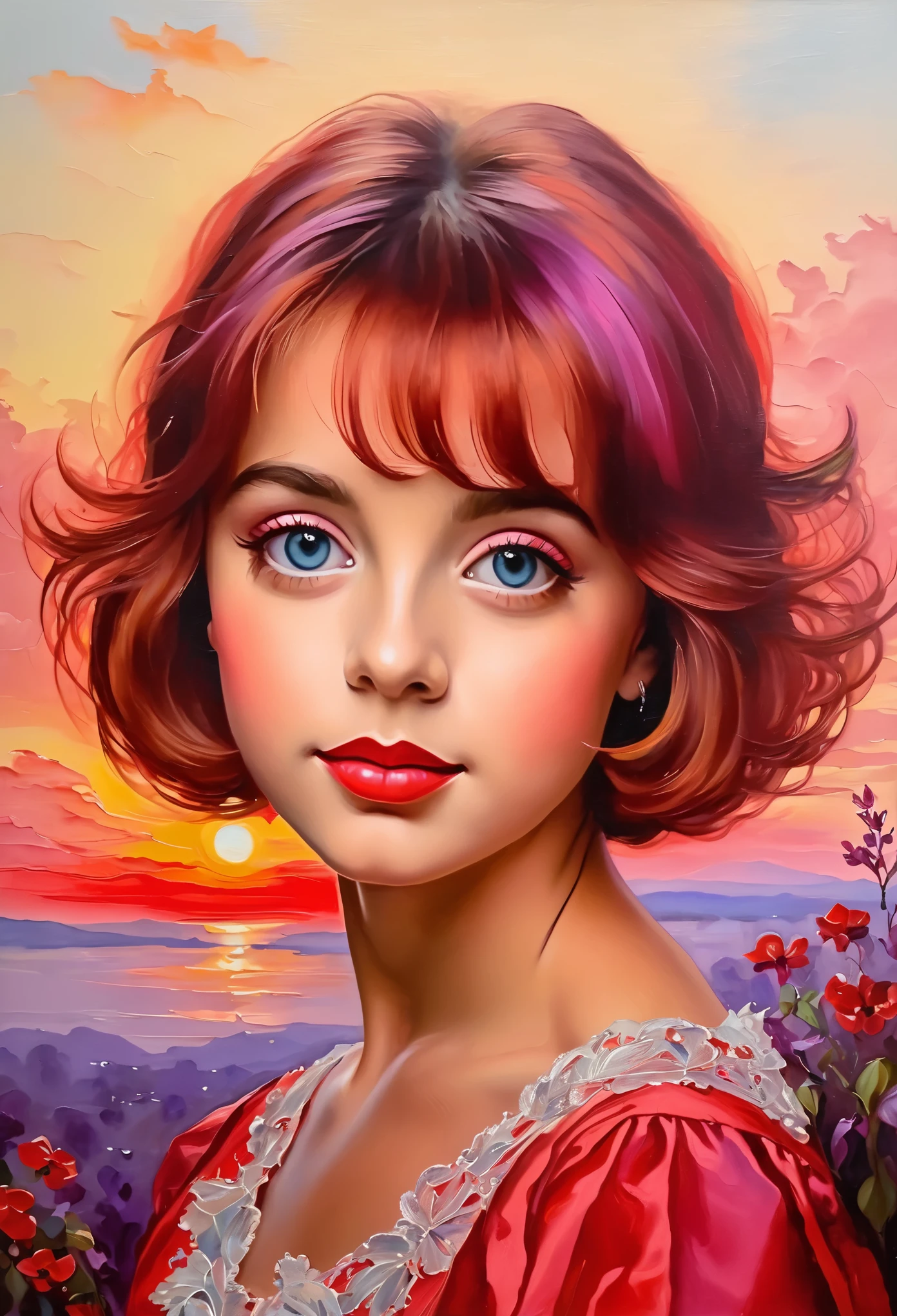 [(front portrait:1girl with big eyes and a short red+liliac htrricane bob)((Harrison Fisher style))):20]/[background:landscape Baroque (crimson sunset), style Raphael], very colorful,((oil painting)),((masterpiece)),single shot