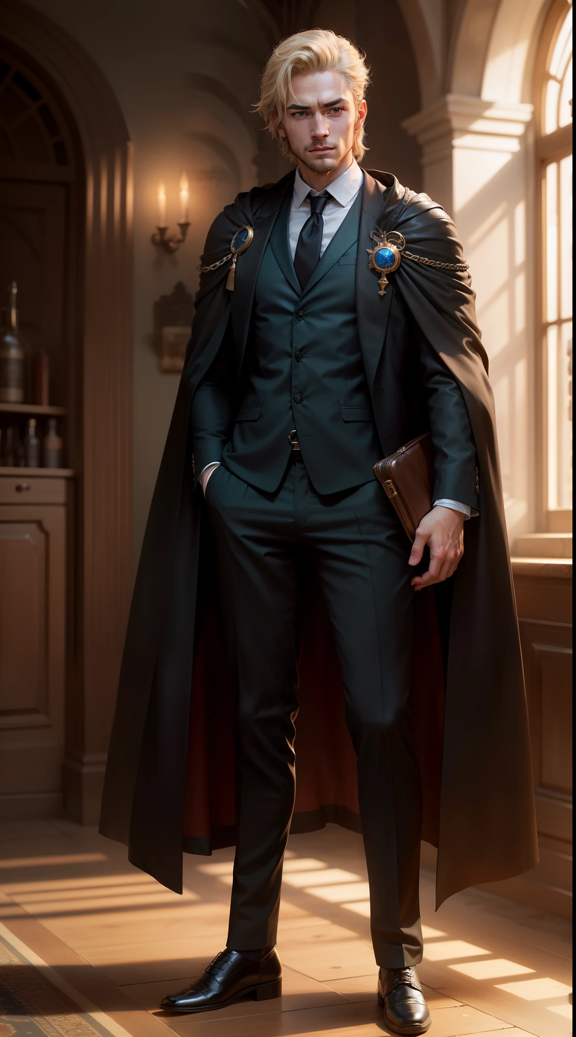 "((photorealism, high quality, detailing)), ((half of the body)) Strong (Sports) Human, male appearance, Majestic magician-alchemist, Short blond hair, A European view, modernity, 21st century, Stylish green suit, long black cloak, magical atmosphere".
