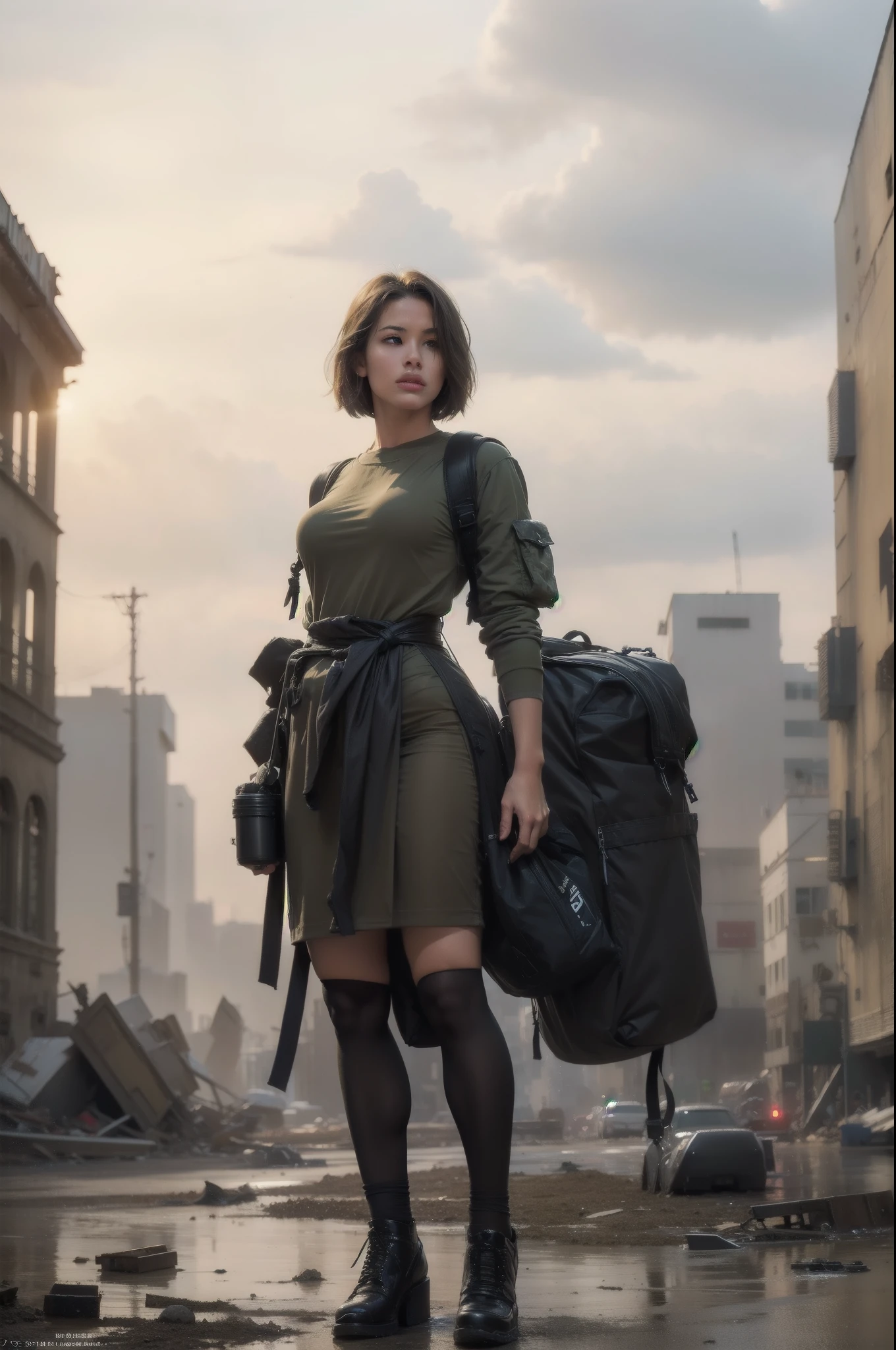 Pose and composition: The girl stands with a confident expression on her face, looking into the distance. Focus on the face and details of clothing, emphasizing her survival in difficult conditions. The background is ruined buildings and empty streets., adding an atmosphere of devastation. lighting: Use soft lighting to enhance the drama of the scene. Dramatic shadows and highlights can add depth and intrigue to an image. Additional elements: Place some survival attributes near the girl, such as a backpack or a bottle of water. Use the textures of destroyed buildings and landscapes to create an authentic post-apocalyptic environment.