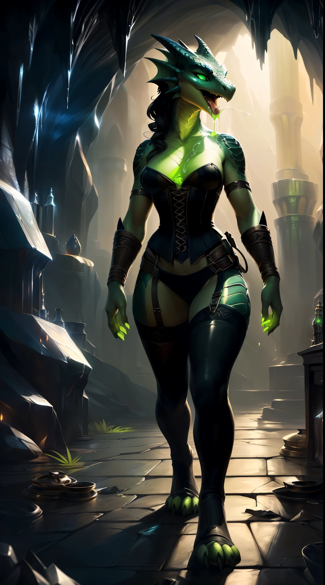 uploaded on e621, by Pixelsketcher, by Bayard Wu, by Thomas Benjamin Kennington, by Einshelm, solo anthro, small Kobold, tiny body, ((Portrait)), ((The magician's hiking clothes)), (adventurer), corset, (detailed Bonifasko lighting), (detailed scaly skin, black skin), (Cinematic lighting), ((Detailed background, dungeon, dark underground, cave)), (half body shadow), [Backlighting], ((Masterpiece), hands with fangs, scales, dragonborn, asymmetrical wavy hair, black scales, dark lizard, fantasy art, anthro art, commission for high res, Furry art, pov furry art, Sakimichan is beautiful, Masterpiece, Best Quality, Detailed image, Detailed Face, perfect lighting, Perfect shadows, Perfect eyes, focus on girl, small breasts, gorgeous body, Hourglass body, Animal nose, muzzle, two-toned fur, gaze at the viewer, half closed eyes, 1girl, full body, (Masterpiece:1.2), (Best Quality:1.2), (illustartion:1.2), (Cinematic lighting:1.3), Detailed fur, anthro, attractive body, sexy body, looking a viewer, seductive gaze, thick-thighs, fit body, Best Stockings, (dragon paws in legwear), open mouth, ((Acid saliva:1.3) spitting (green saliva:1.2)), magician, horrifing