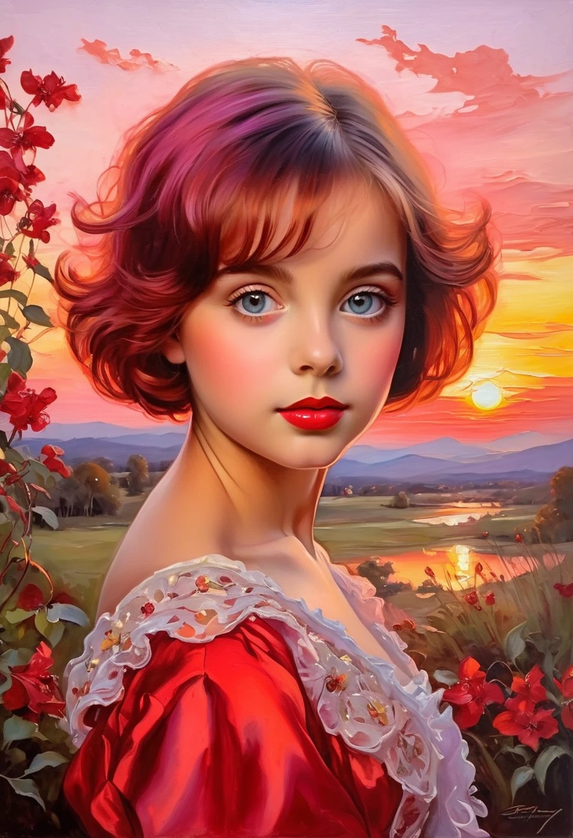 [(front portrait:1girl with big eyes and a short red+liliac harricane bob)((Harrison Fisher style))):20]/[background:landscape Baroque (crimson sunset), style Raphael], very colorful,((oil painting)),((masterpiece)),single shot