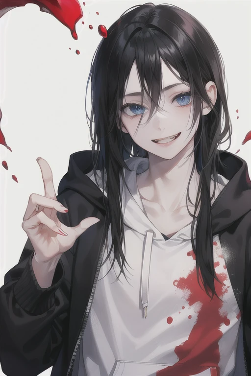 1boy, Jeff the killer, black hair, male, blue eyes, white hoodie, wide bloody smile, pale skin