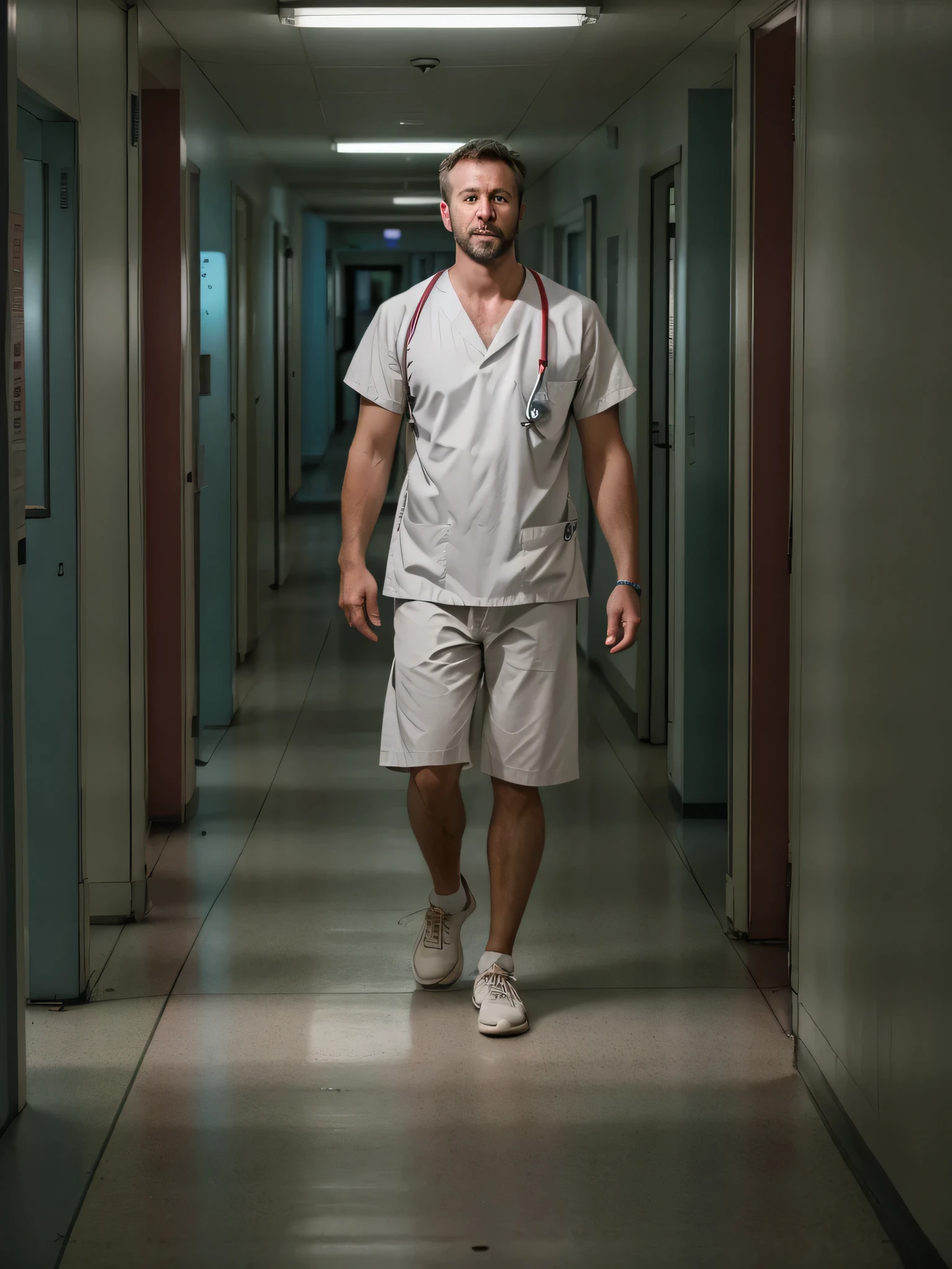 (RAW photo:1.2), a plain-looking 30 year-old Tennessee nurse in the 2020s, walking down a neon-lit hospital corridor at 3AM, checking his mobile phone., tired, candid shot, best quality, 8k, uhd, photorealistic