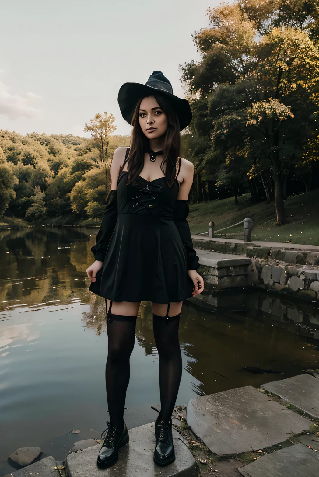 Girl 25 years old, Dressed as a witch, Short dress, stockings, It has, I'm standing on an old stone bridge
