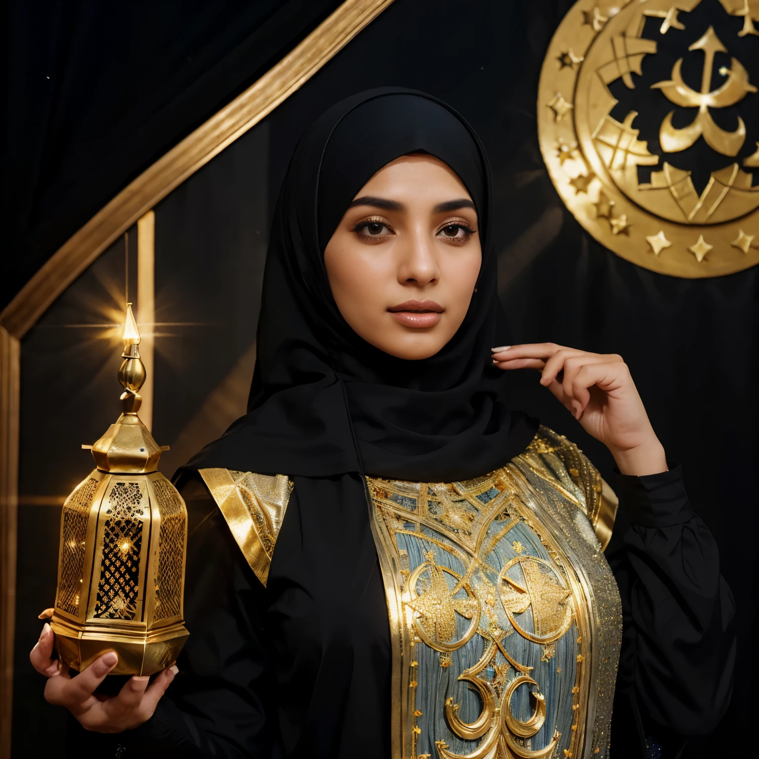 Mahmoud Shaker Khattab In a realistic picture, a beautiful wearing a black hijab and Islamic dress is holding a large golden lantern that sparkles and shines with great beauty. In the background is a blue color, a large sparkling crescent, stars, dim lighting, and the word “’khalil ” written in a large, clear, beautiful, and shiny 3D font