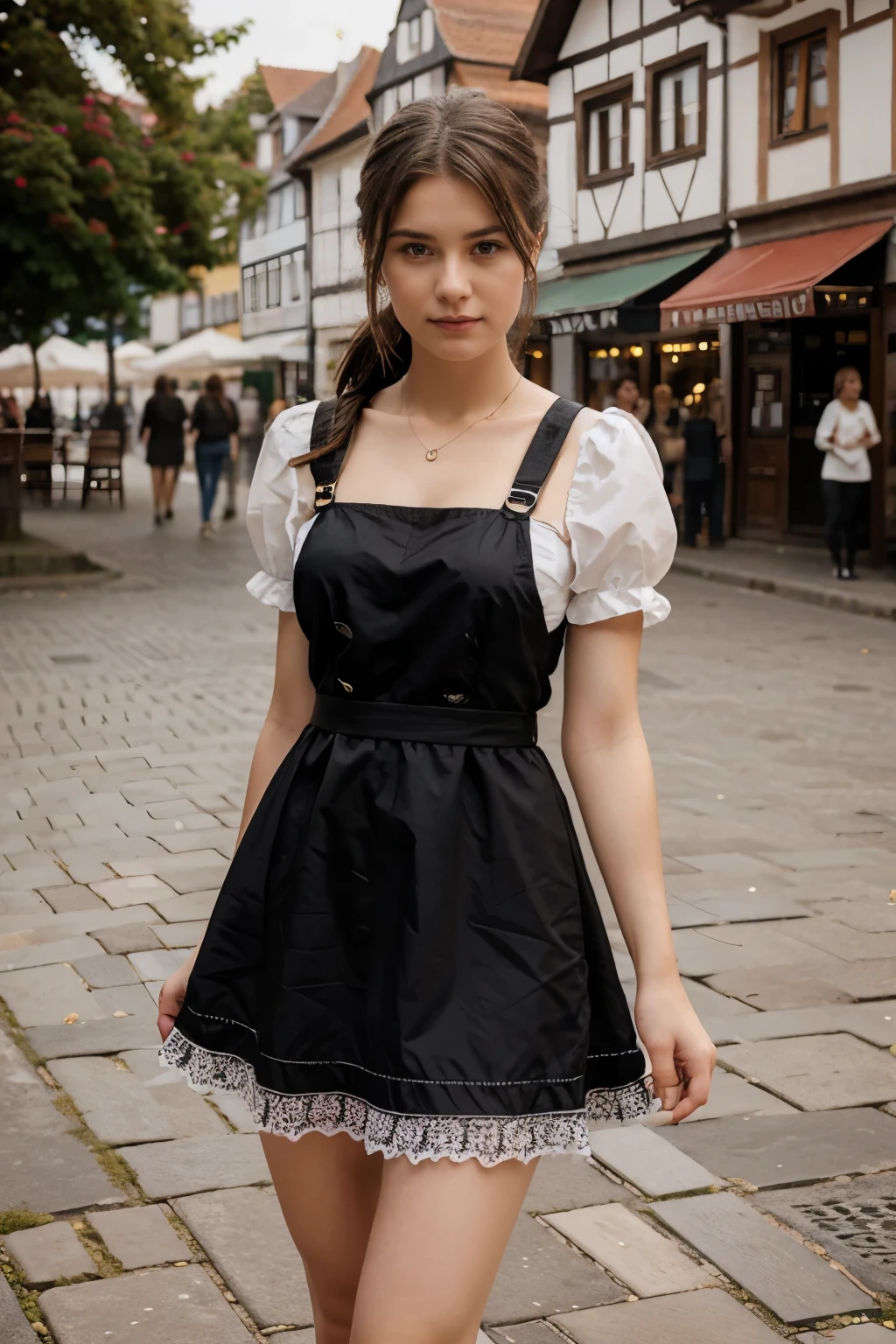 Araffe dressed in a black and white dress walking down a street - SeaArt AI