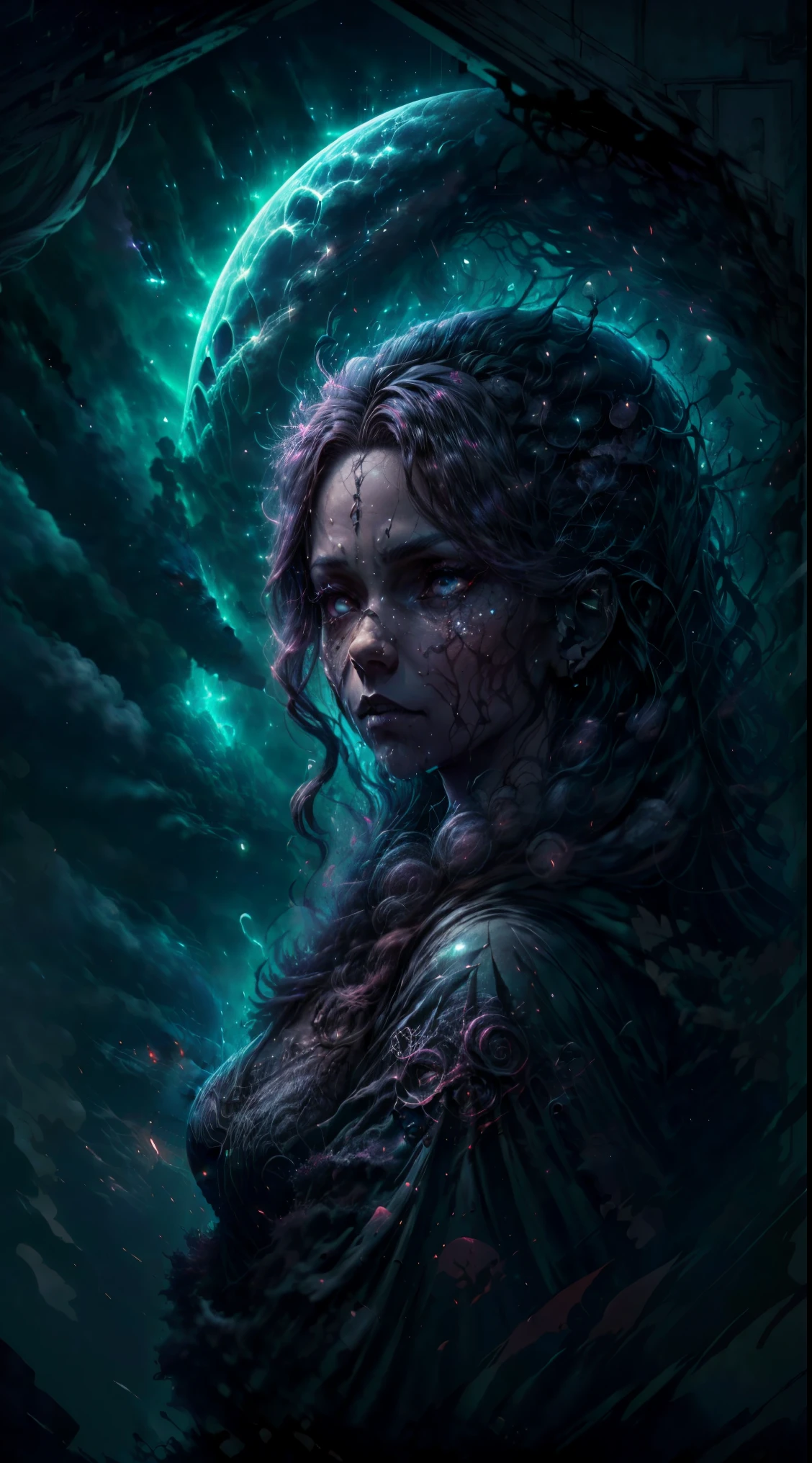 Create an image that depicts the powerful and mysterious face of Medusa, a legendary mythological figure. Medusa's face should be portrayed as that of an adult woman, conveying strength and wisdom. Her hair should consist of sinuous snakes in vibrant shades of blue, creating a mesmerizing appearance. Medusa's eyes should be intensely white, without visible pupils, emanating a penetrating and enigmatic gaze. Add a third eye in the center of Medusa's forehead, depicted prominently in black, symbolizing her connection to the supernatural.

In the background, create a mystical and mysterious atmosphere, portraying a dark forest with cosmic elements. Use dark tones such as deep purple and midnight blue to add a touch of darkness and mystery. Add subtle details of nebulae and shining stars, evoking a cosmic setting that highlights Medusa's supernatural nature. The image should be captured using a Canon 6D camera with a lens suitable for capturing all the details and nuances of the scene.

Suggestions:
Make sure to depict Medusa's face with realistic features and proportions, emphasizing her strength and seriousness.
When creating the snake-like hair, work on the textures and shapes of the snakes to make them visually striking and vivid.
For Medusa's white eyes, apply a bright tone that conveys an air of mystery and power.
When representing the dark forest with cosmic aspects, use a balance of dark tones and starry light points to create an intriguing and mystical environment.
When photographing the image, experiment with different settings and framing to highlight Medusa's dominant presence and capture the desired enigmatic atmosphere.
Please provide any additional information if there are specific details you would like to add or modify. --auto