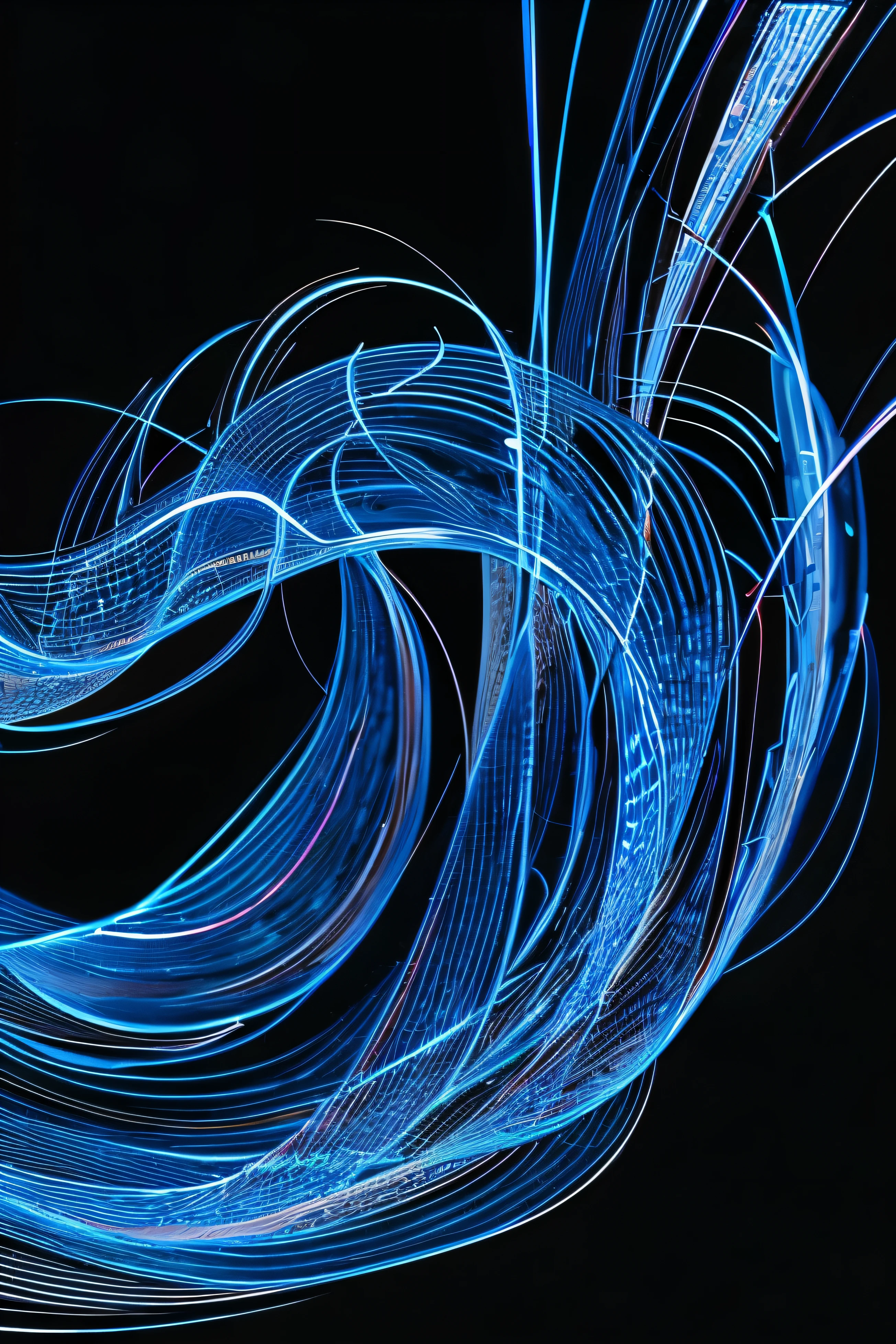 20 ultra-thin curves flow on a dark gradation background、20 blue dots of different sizes are randomly scattered.