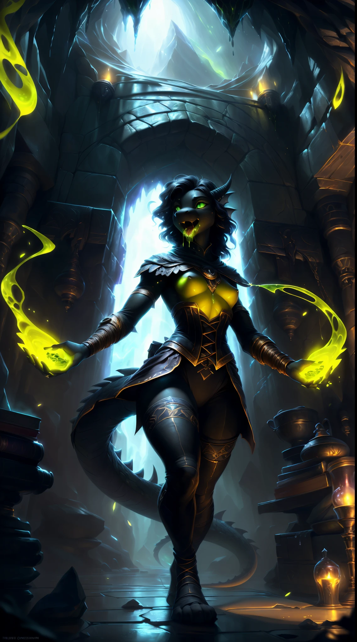 uploaded on e621, by Pixelsketcher, by Bayard Wu, by Thomas Benjamin Kennington, by Einshelm, solo anthro, small Kobold, tiny body, ((Portrait)), ((The magician's hiking clothes)), (adventurer), corset, (detailed Bonifasko lighting), (detailed scaly skin, black skin), (Cinematic lighting), ((Detailed background, dungeon, dark underground, cave)), (half body shadow), [Backlighting], ((Masterpiece), hands with fangs, scales, dragonborn, asymmetrical wavy hair, black scales, dark lizard, fantasy art, anthro art, commission for high res, Furry art, pov furry art, Sakimichan is beautiful, Masterpiece, Best Quality, Detailed image, Detailed Face, perfect lighting, Perfect shadows, Perfect eyes, focus on girl, small breasts, gorgeous body, Hourglass body, Animal nose, muzzle, two-toned fur, gaze at the viewer, half closed eyes, 1girl, full body, (Masterpiece:1.2), (Best Quality:1.2), (illustartion:1.2), (Cinematic lighting:1.3), Detailed fur, anthro, attractive body, sexy body, looking a viewer, seductive gaze, thick-thighs, fit body, Best Stockings, (dragon paws in legwear), open mouth, ((Acid saliva:1.3) spitting (green saliva:1.2)), magician, horrifing, ((Attacks))