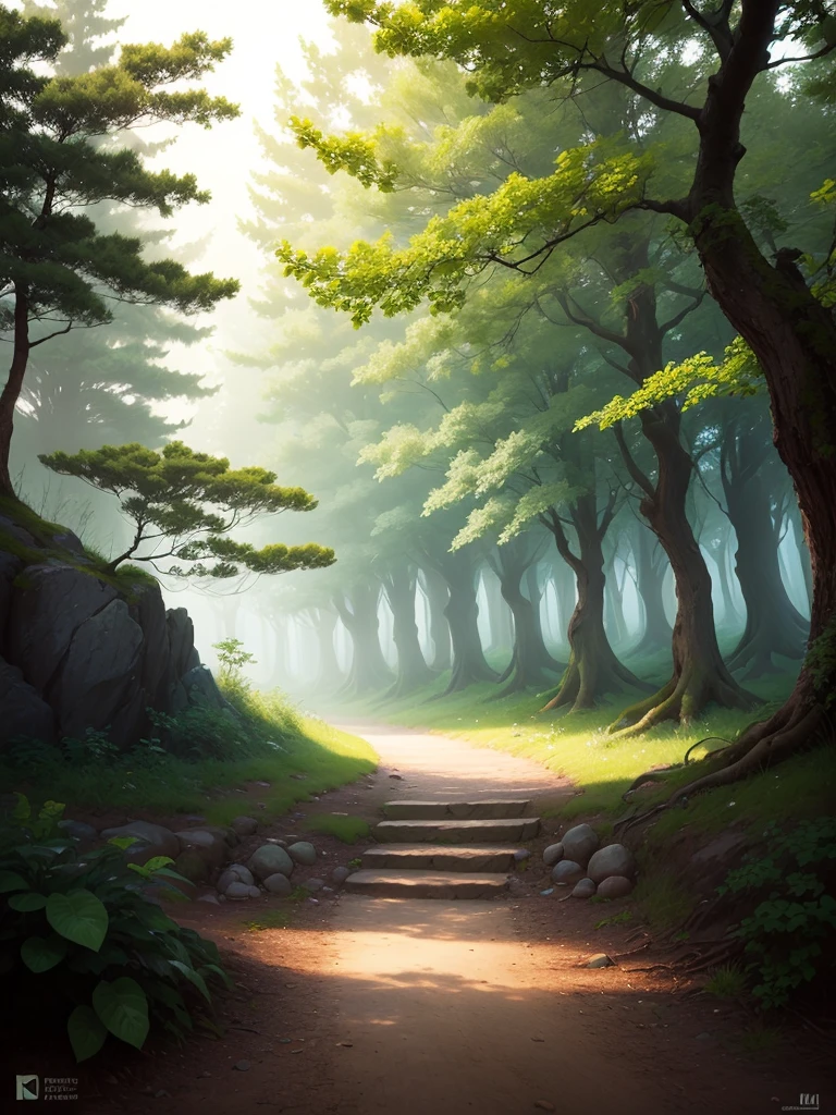Create a stunning piece of digital art that captures the serene beauty of an ancient forest at dusk. The scene should feature towering trees bathed in soft, golden light filtering through the foliage, casting soft shadows over the lush undergrowth. The image should evoke a feeling of tranquility and wonder, inviting viewers to immerse themselves in the enchanting realm of nature, fireflies illuminating the forest.
