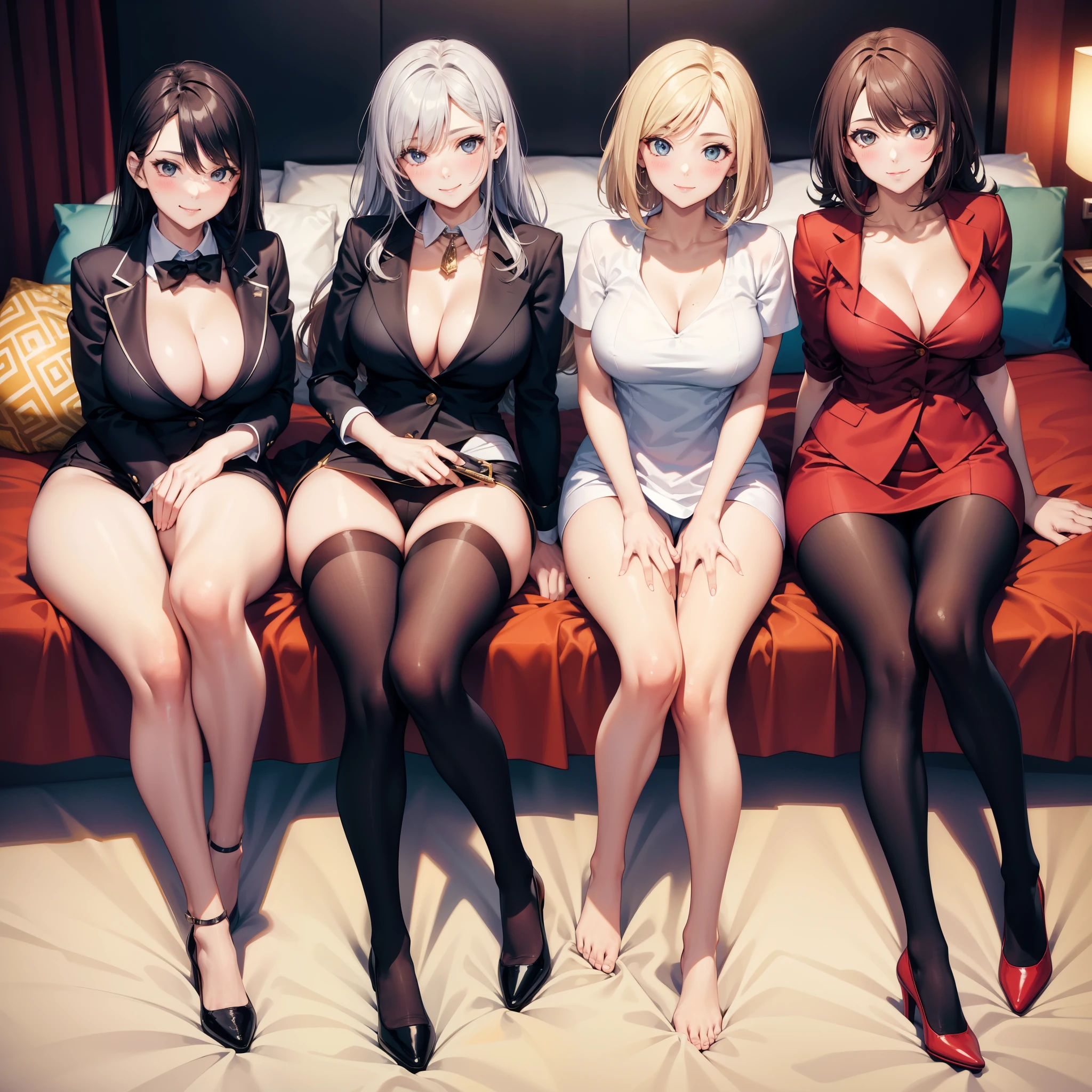 four sexy women looking at camera, flirtatious smiles, on bed, office ladies outfits, portrait