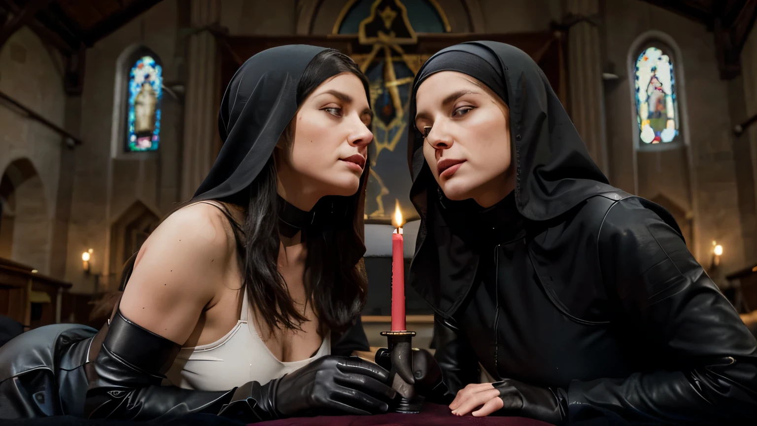 two nuns dressed in long black wool dress leather gloves lie down on a church altar kissin each other and pulling hair hard and a devil holding her hardly tightly from the backand a whip