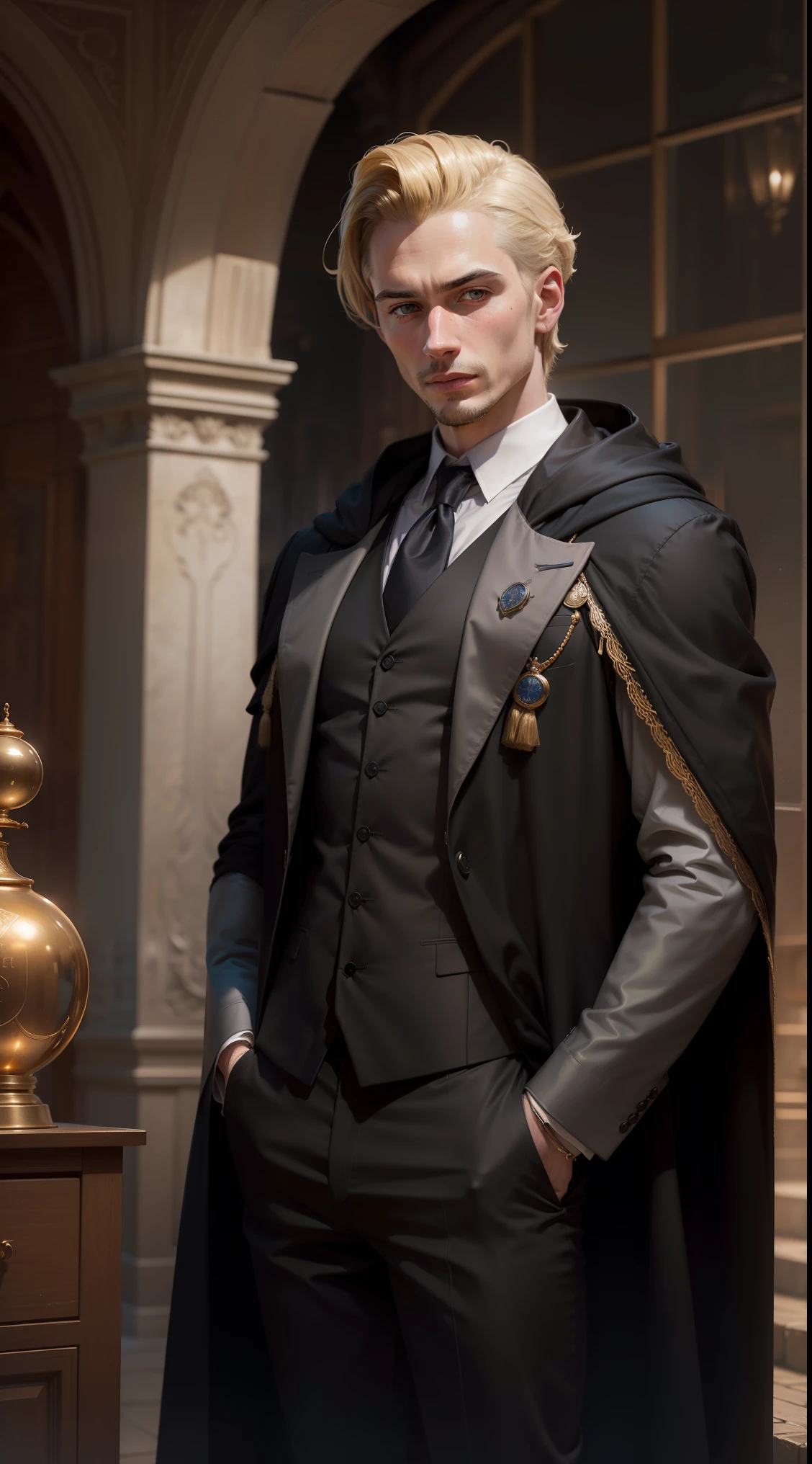 "((photorealism, high quality, detailing)), ((half of the body)) Strong (Sports) Human, male appearance, Majestic magician-alchemist, Short blond hair, A European view, modernity, 21st century, Stylish gray suit, long black cloak, magical atmosphere".