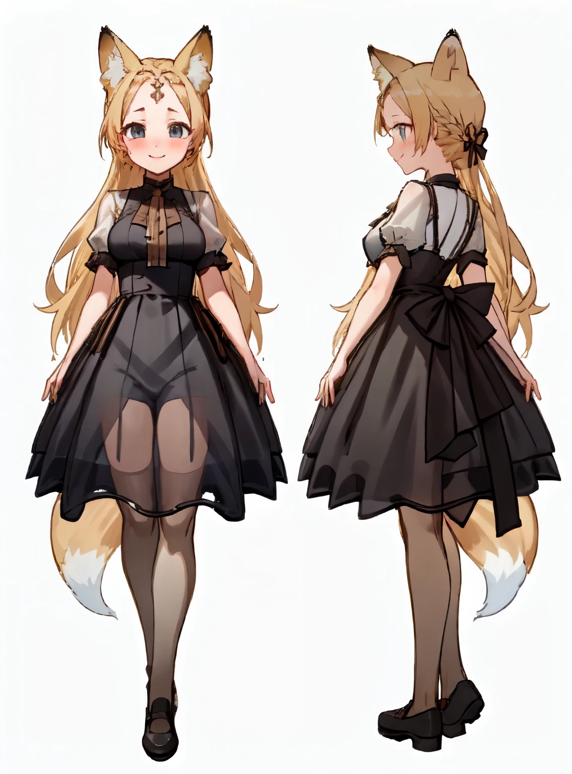 masterpiece: 1.6, highest quality: 1.4, live video: 1.2, intricate details: 1.2, ++, 1 girl, alone, ((blonde)), long hair, french braid, single ~ sidelock, Forehead: 1.5, fox ears, big fox tail: 1.4, deep blue eyes, bright eyes, big breasts, thighs:1.7, adventurer:1.3, light clothing, shorts, pochette, ++, full body shot, multiple views, front, return, ~ side, Performance, ((Character setting material collection, Same character in different poses, character reversal: 1.5, multiple views)), (transparent returnground, gray returnground:1.5), arms behind return, portrait, Happy, Are crying, Get angry, smile