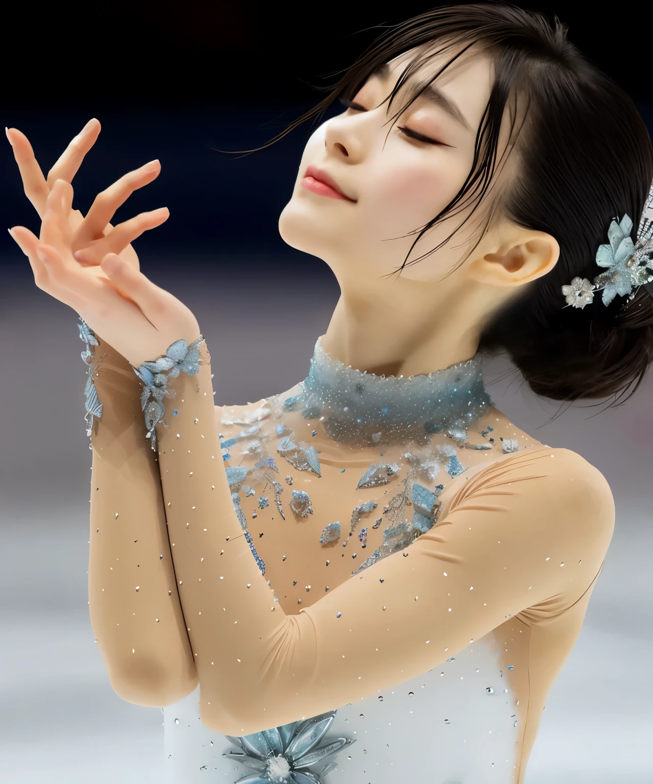 25 year old Asian woman, clear makeup, long eyelashes, figure skater, woman with acting skills, alone, Capture the final pose at the end of the performance。, That person is clear, Super detailed, cinematic lighting, Depth of written boundary, surrealism, figure skating costumes