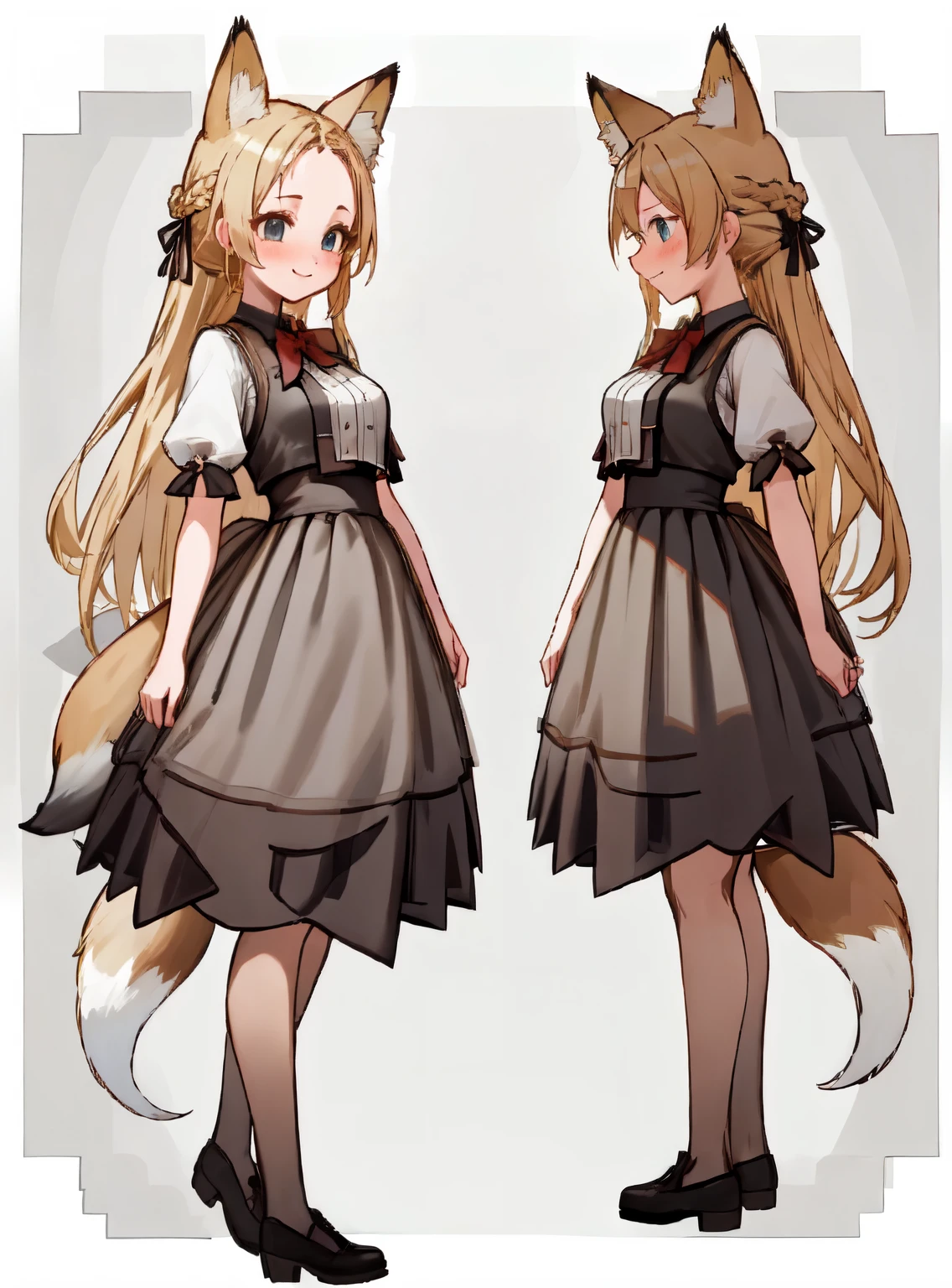 masterpiece: 1.6, highest quality: 1.4, live video: 1.2, intricate details: 1.2, ++, 1 girl, alone, ((blonde)), long hair, french braid, single ~ sidelock, Forehead: 1.5, fox ears, big fox tail: 1.4, deep blue eyes, bright eyes, big breasts, thighs:1.7, adventurer:1.3, light clothing, shorts, pochette, ++, full body shot, multiple views, front, return, ~ side, Performance, ((Character setting material collection, Same character in different poses, character reversal: 1.5, multiple views)), (transparent returnground, gray returnground:1.5), arms behind return, portrait, Happy, Are crying, Get angry, smile