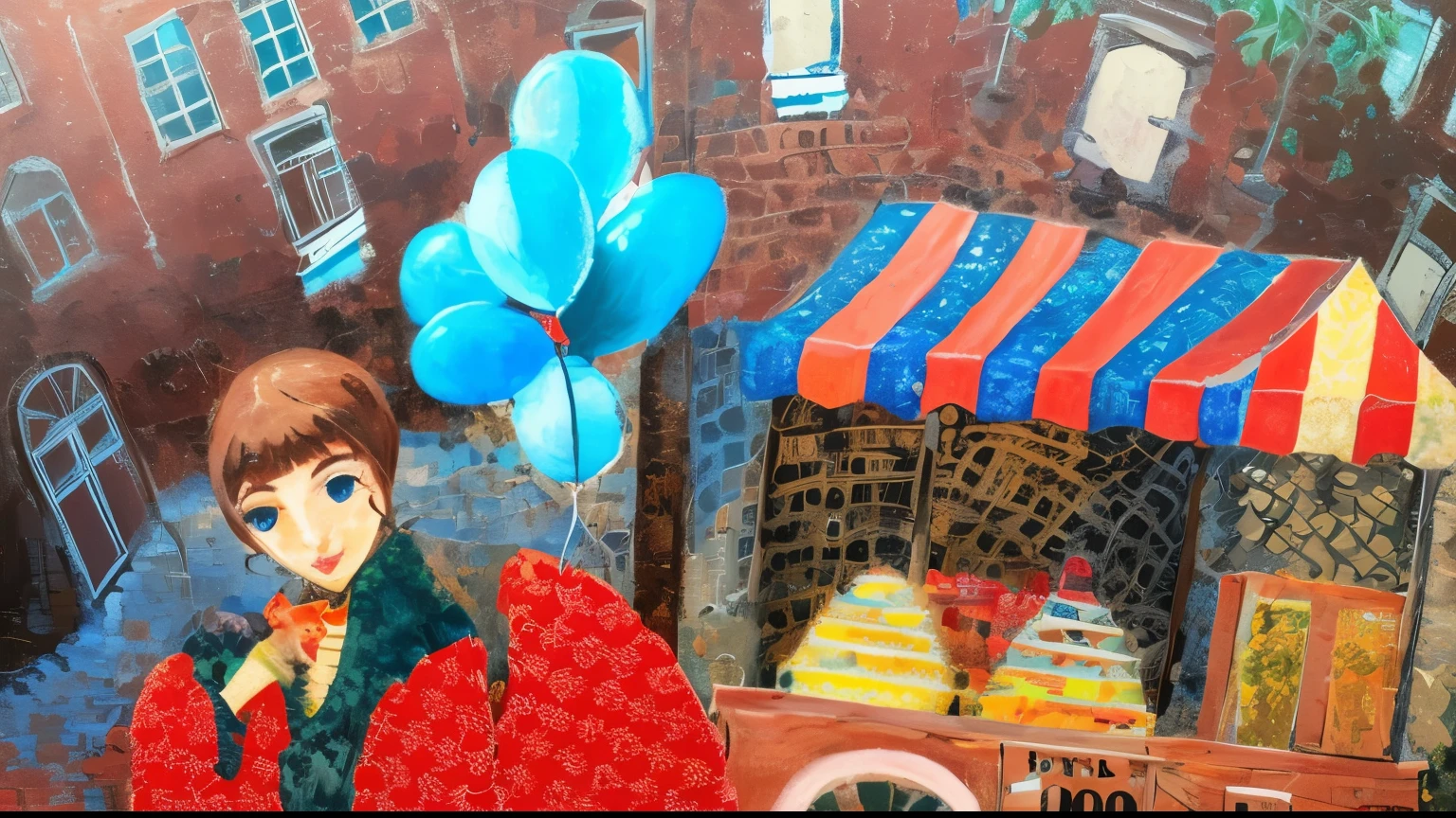 painting of a woman with balloons and a dog in front of a store, by Yuko Tatsushima, by Camille Bombois, by Zsuzsa Máthé, by Małgorzata Serwatka, by Nadya Rusheva, by Elina Karimova, by Judy Takács, by Flavia Blois, by Maki Haku