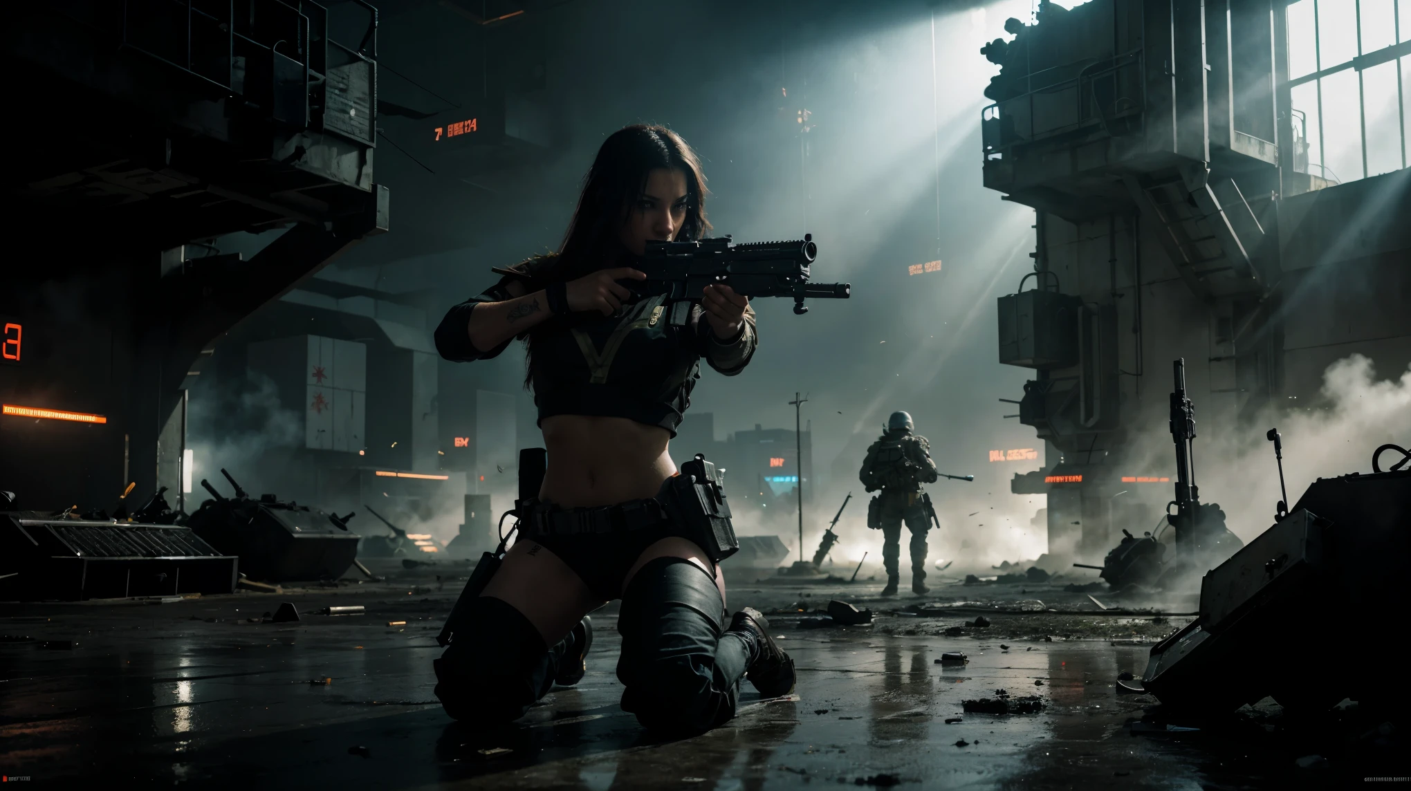 battlefield, guns,day light, sunlight, high res, warfare, sci-fi. furutristic, neon, cyberpunk, light