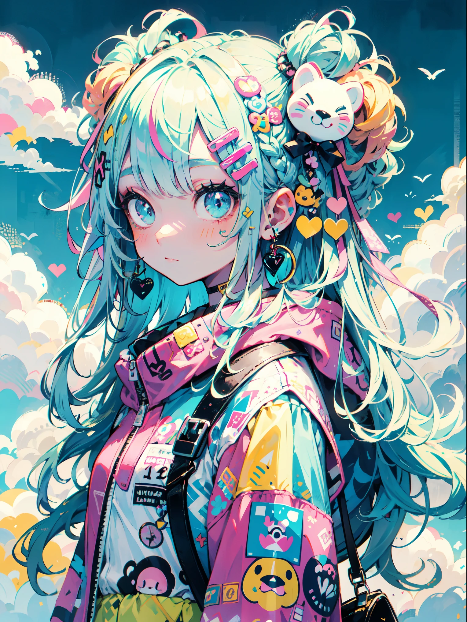 "kawaii, Cute, Adorable girl in pink, yellow, and  blue color scheme. She wears sky-themed clothing with clouds and sky motifs. Her outfit is fluffy and soft, With decora accessories like hair clips. She embodies a vibrant and trendy Harajuku fashion style."