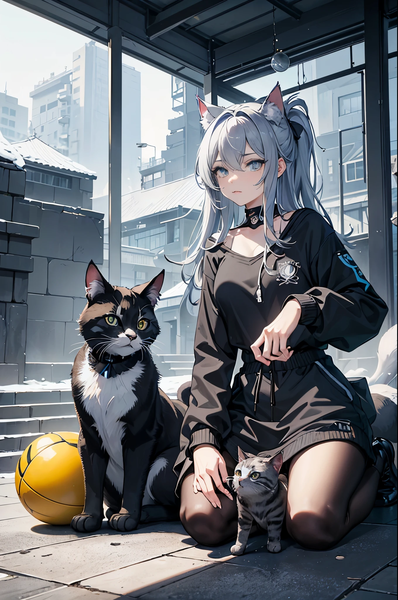 There is a cat sitting on the floor with a ball, Cat playing with a ball,smokey, Blue Siberian forest cat, grey eyes, cat photo, ash, Smoky, Very beautiful, grayish-blue eyes, greys, SFW, an artistic pose, Cats, sora as a cat, greys, Beautie, looking threatening, ashfur from warrior cats
