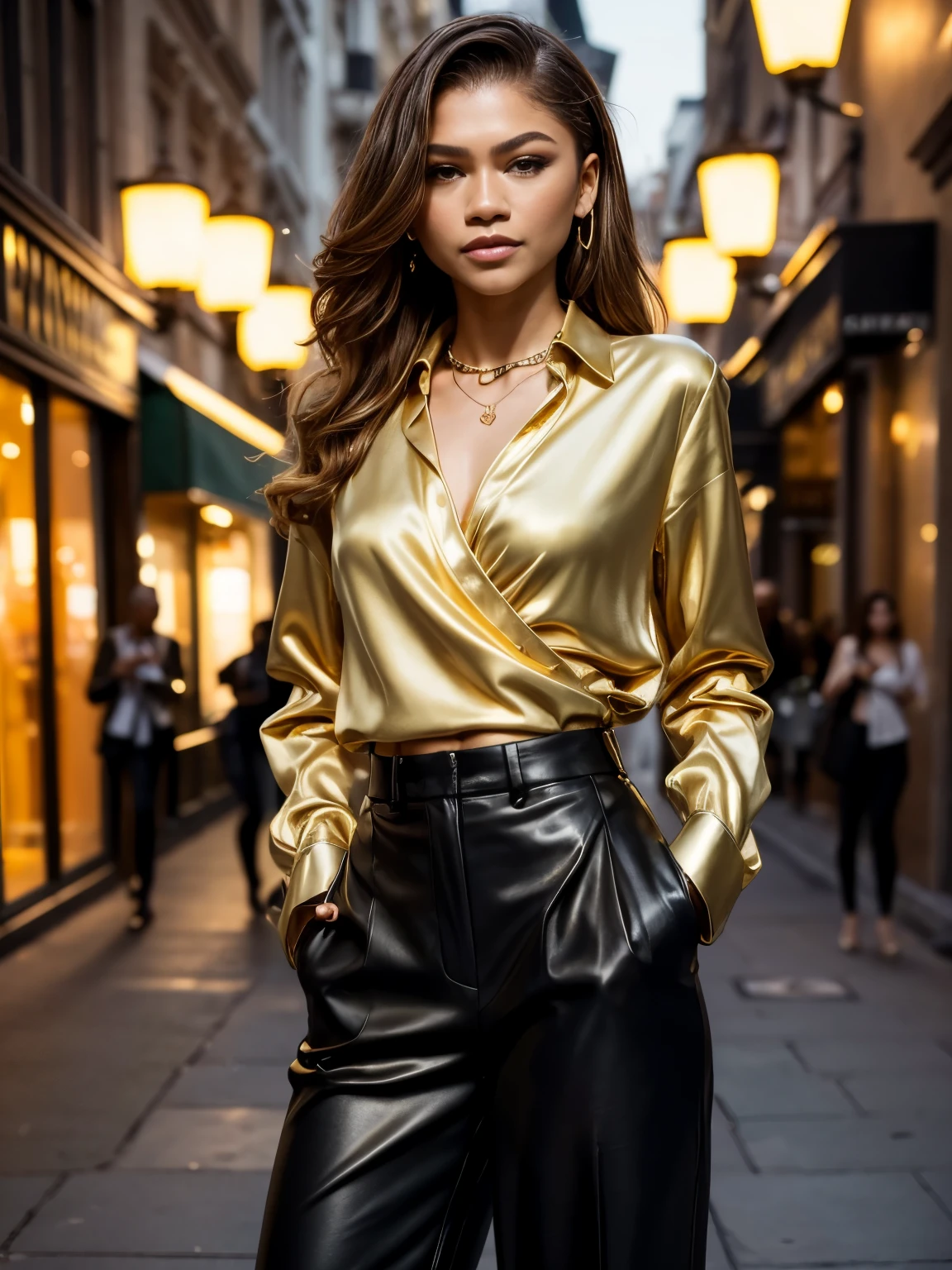 Zendaya in a gold shirt and black pants standing on a street, elegant fashion model, gorgeous woman, elegant girl in urban outfit, wearing a blouse, wearing an elegant outfit, draped in silky gold, stunning woman, sophisticated young woman, attractive woman, wearing elegant casual clothes, dressed in silk, golden light, 8 k sensual lighting