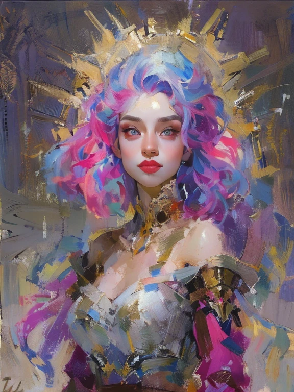 （tmasterpiece，top-quality，best qualityer, offcial art，Beauty and aesthetics：1.2），（1girl：1.3），（s fractal art：1.3），The upper part of the body，seen from the side，looking at viewert，（rainbow colour hair，The color hair，Half blue and half pink hair：1.2），Eau，liquids，​​clouds，Colorful，Starry，As estrelas，young woman, ((renaissance art)), elegant background, smiling, low contrast, medieval armor, clean skin, wrinkless, no contrast:1.4
