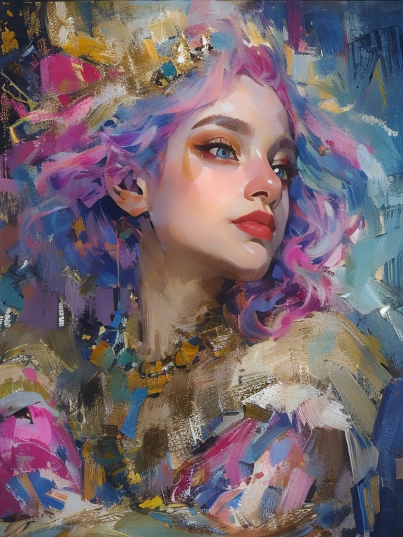 (tmasterpiece,top-quality,best qualityer, offcial art,Beauty and aesthetics:1.2),(1girl:1.3),(s fractal art:1.3),The upper part of the body,seen from the side,looking at viewert,(rainbow colour hair,The color hair,Half blue and half pink hair:1.2),Eau,liquids,clouds,Colorful,Starry,As estrelas,young woman, ((renaissance art)), elegant background, smiling, low contrast, medieval armor, clean skin, wrinkless, no contrast:1.4