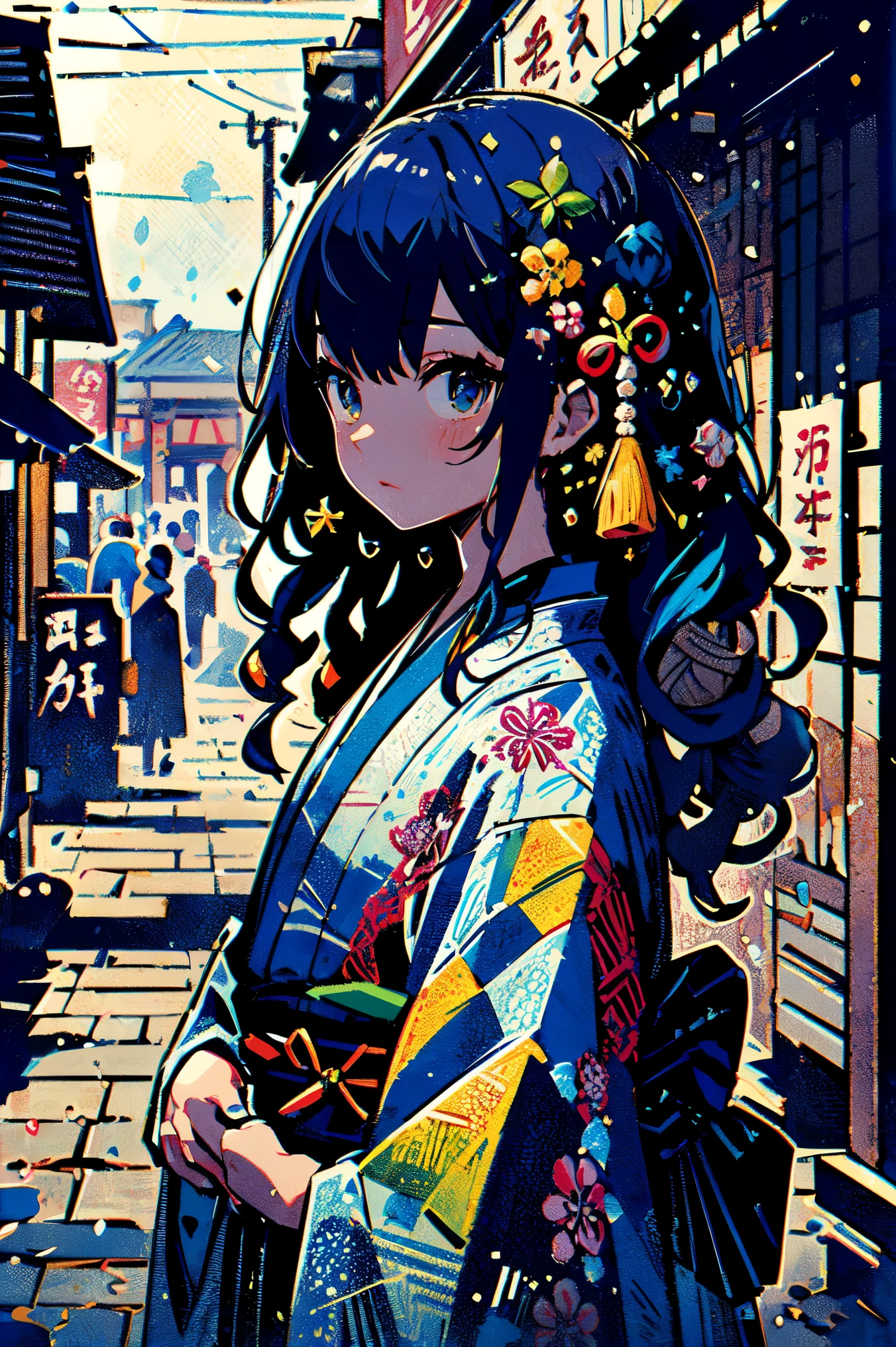 (best quality, masterpiece), 8k, high resolution, extremely detailed, detailed background, cinematic lighting, illustration, 1girl, intricate design, solo, rainbow hair, splash art, yukata, market place, festival, matsuri, cowboy shot, swept bangs, shaggy hair, ringlets,