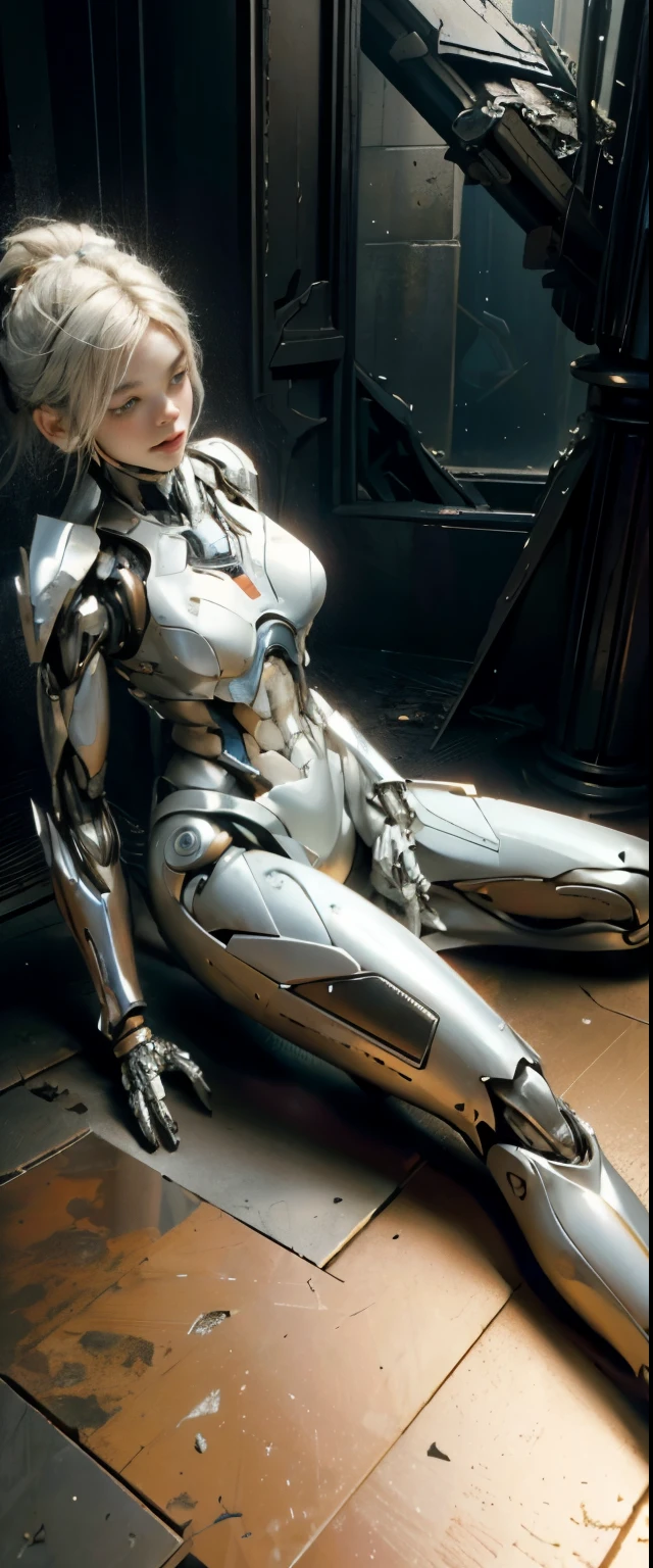 ((masterpiece, highest quality, Highest image quality, High resolution, photorealistic, Raw photo, 8K)), Abandoned robot soldier on battlefield, ((stranded in a collapsed building, leaning columns, collapsing ceilings:1.5)),
(( broken and immobile, expressionless robot face, A discarded robot with one arm and lower body missing, sitting on the floor and leaning against the wall:1.3)), rust and moss showing passage of time, female cyborg body, female body, biomechanical , extra detailed body, blowjob white mech, white biomechanical details, detailed body, shiny white armor, cybernetic body, eva unit-00 on back, full body details,