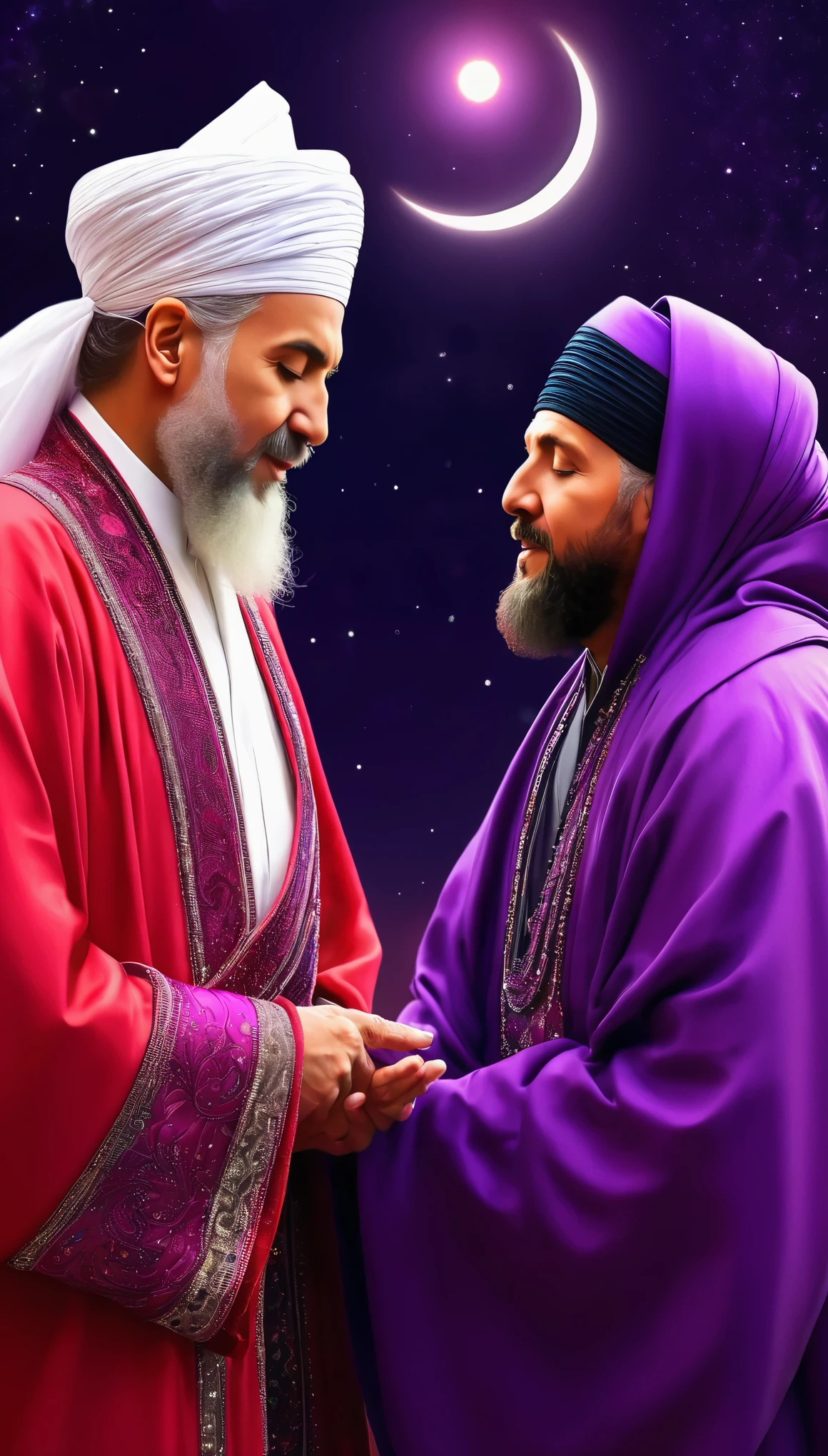 Highly detailed illustration of a Mevlana and a Rumi looking at each other. Excellently detailed Rumi. Perfectly detailed Rumi. Sacred solar eclipse. Beautifully detailed faceevlana in red robe)), ((Rumi in purple robe)), drawn by Mschiffer, best resolution, best quality, hyper detailed, sharp focus