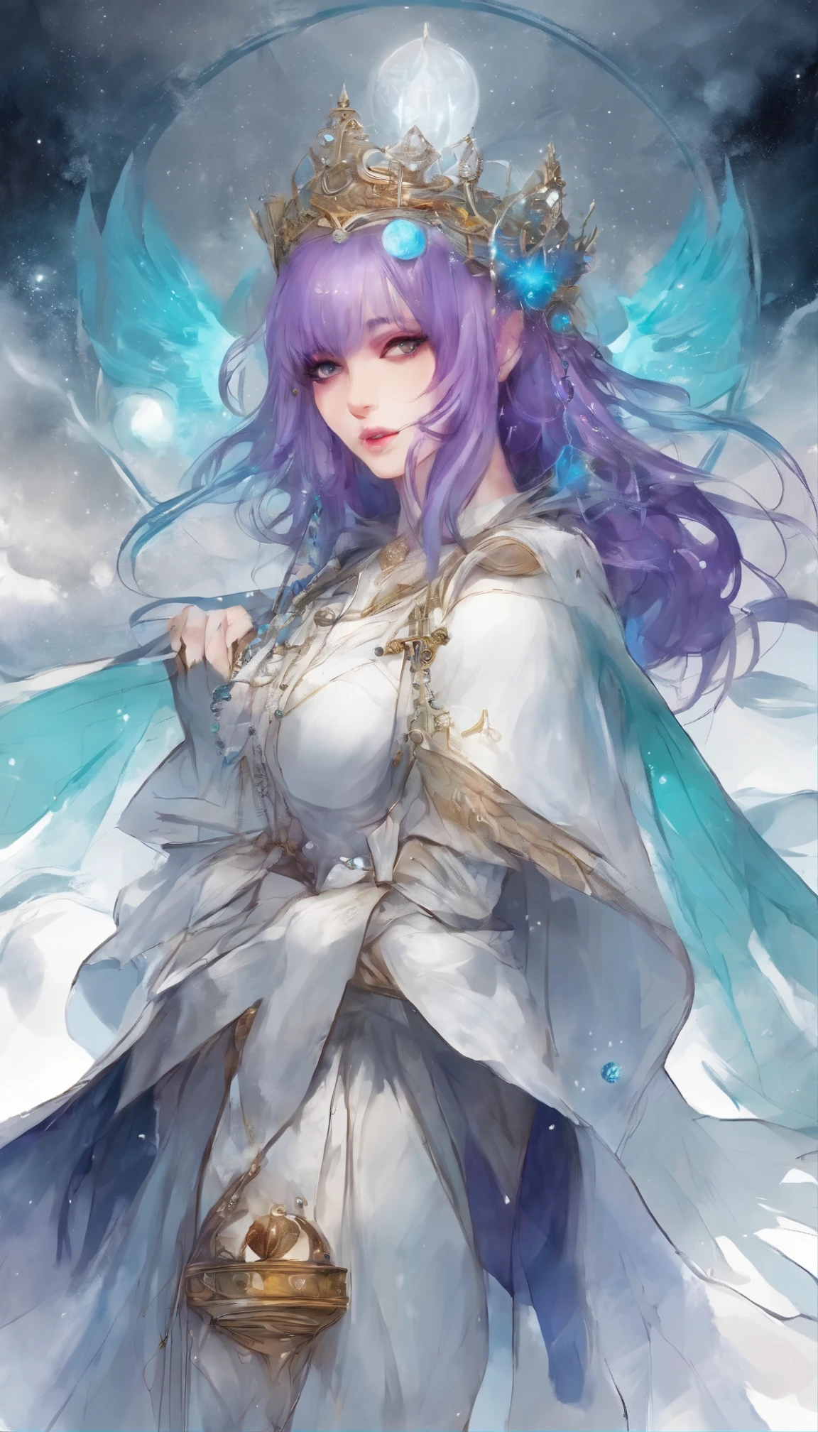 (Highest picture quality),(Master's work),(Ultra-detailed),(Detailed eye description:1.0),(Lens flare:1.0),(Movie poster:1.0),(Tarot border:1.0),The portrait is centered,(Close-up:1.0),(nagative space:0.8),(Negative space:1.6),(Solo),(floating colorful ink:1.0),(Many colorful cubes:1.0),(Floating white soft ball:1.0),(ice wings:1.0), (mysterious,eerie:1.2), (Colorful:1.0),(beautiful detailed glow:1.0),(:1.2),(Grim expression:1.0),(Lips,eyeslashes:1.0),(Closed mouth:1.0),(),,(Purple hair:1.4),(Medium hair:1.0),(From above:1.3),(Halo:1.3),(Head tilt:1.0),(Dynamic pose:1.1),(Asymmetrical hair:1.2),(white apparel:1.0),(Military),(Plaid skirts),(aqua eyes:1.4),diagonal bangs,high twintail,Drill hair,tie,(floating cape:1.0),(:1.1),(Shrine:1.4),(Indoors,inside:1.1),crown,,(laying:1.1),(White skin:1.1),(full bodyesbian:1.25),Fang, skin fang, Empty eyes
