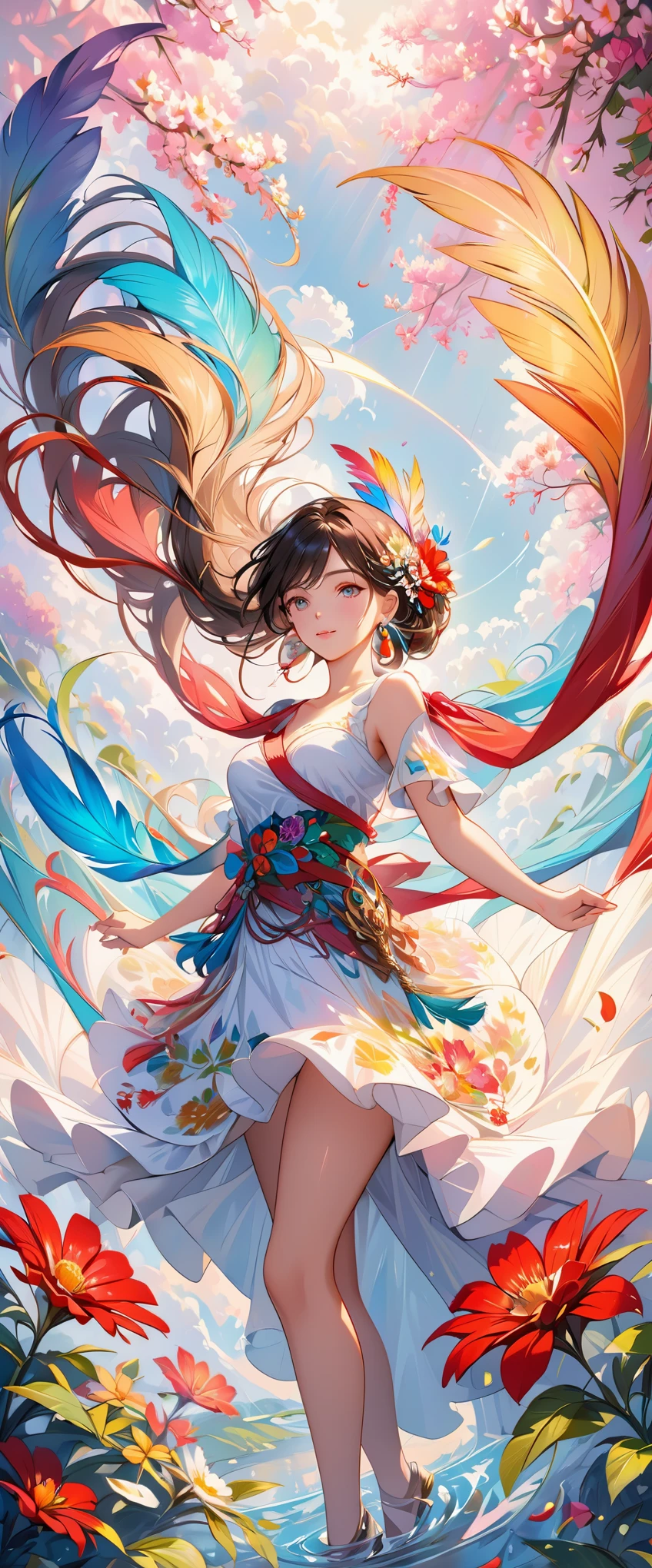 (masterpiece, top quality, best quality, official art, Beautiful and beautiful:1.2), (1 girl:1.3), Very detailed,(Fractal art:1.1),(rich and colorful:1.1)(flowers:1.3),most detailed,(tangled:1.2), (dynamic poses), (abstract background:1.3), (skin shiny), (Many colors:1.4), ,(earrings:1.4), (feather:1.4)