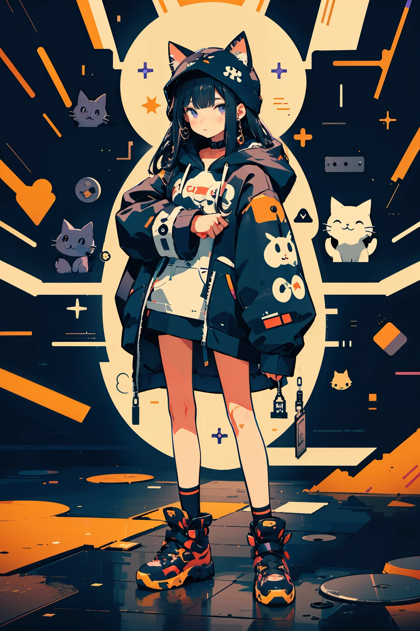 anime girl with black hair and a cat hat, anime style illustration, moe artstyle, wallpaper 8 k, digital illustration, beautiful catgirl, she wears a hoodie with animal ears and technowear technology, futuristic fashion in black and holographic colors, many details and buttons on it, cables coming out of the sleeves, the background is that of a simple pattern with cat motifs and paws, purple and black, black cat eyes, holographic, holo details