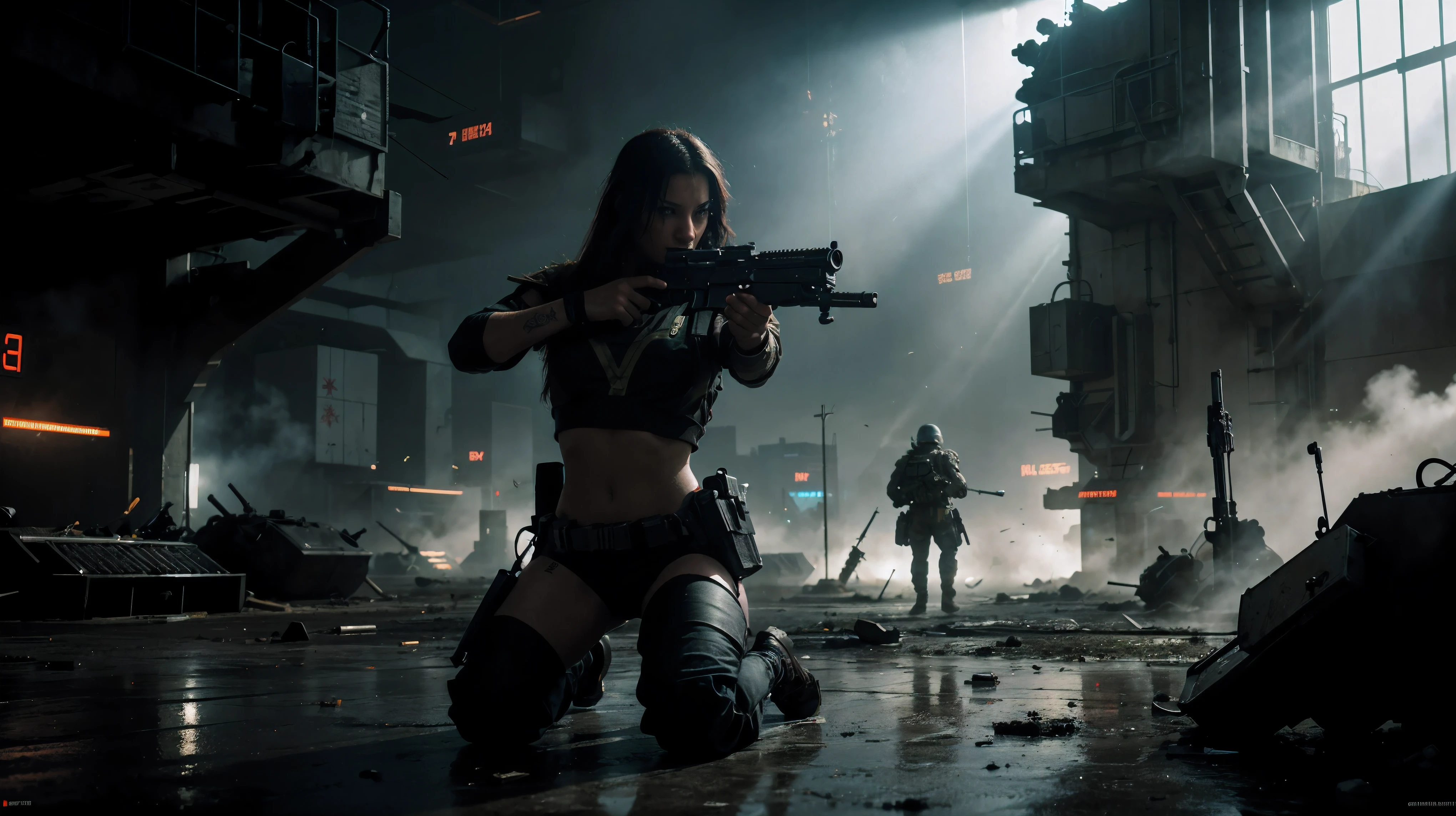 battlefield, guns,day light, sunlight, high res, warfare, sci-fi. furutristic, neon, cyberpunk, light