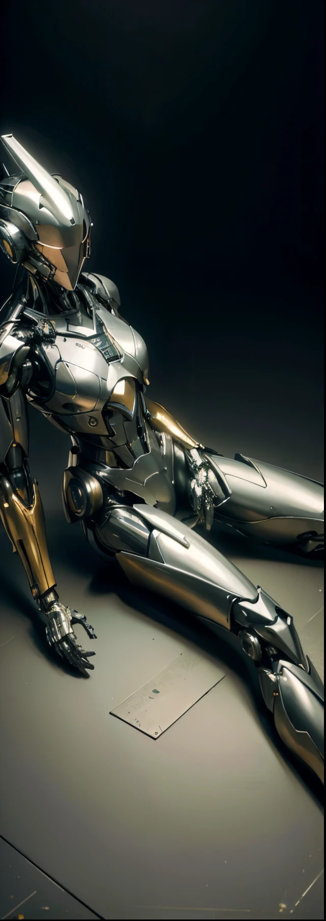 ((masterpiece, highest quality, Highest image quality, High resolution, photorealistic, Raw photo, 8K)), Abandoned robot soldier on battlefield, broken and immobile, Sitting leaning against a wall. rust and moss showing passage of time, female cyborg body, female body, biomechanical , extra detailed body, blowjob white mech, white biomechanical details, detailed body, shiny white armor, cybernetic body, eva unit-00 on back, full body details,