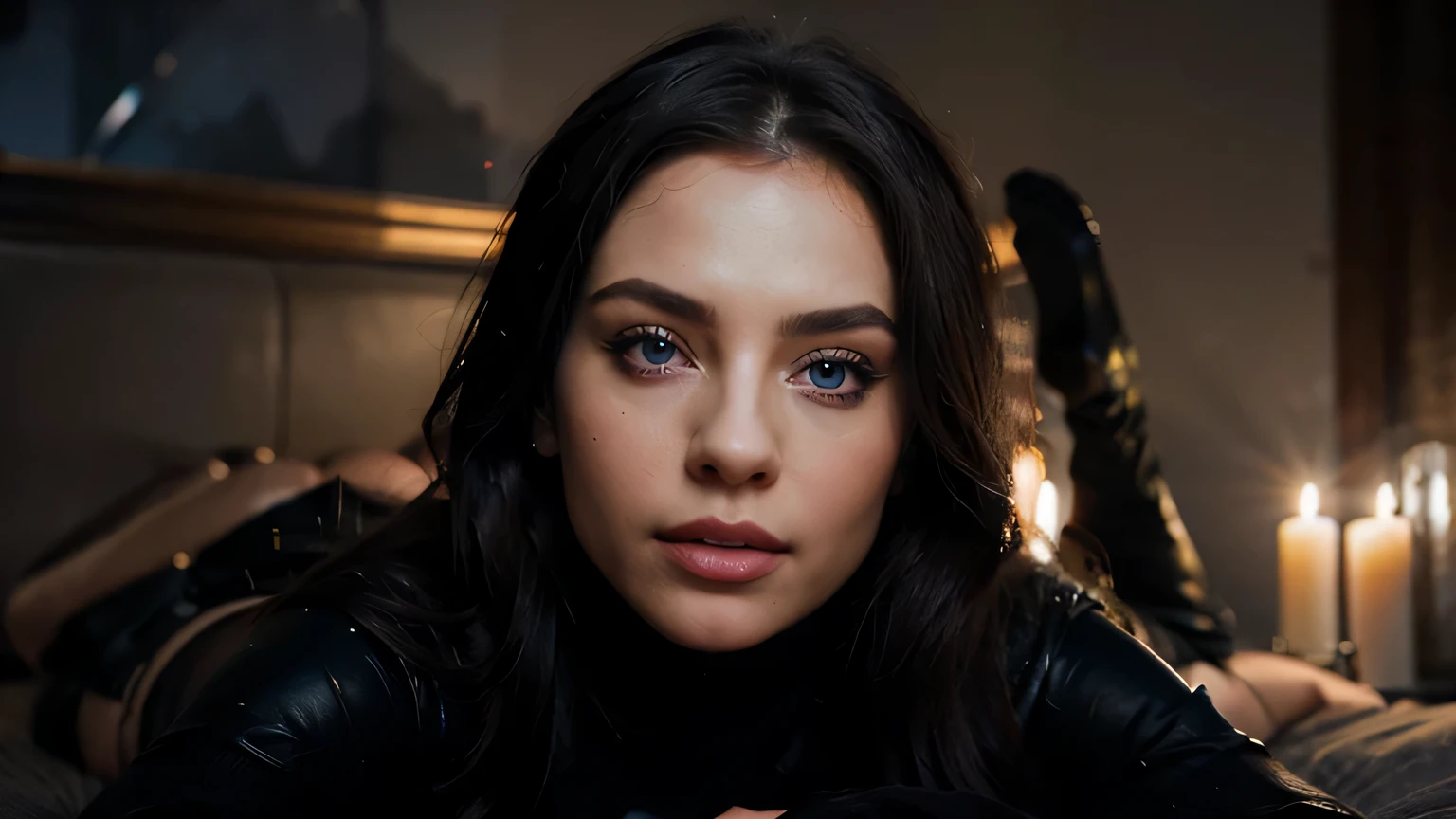 Sensual Sweaty female secret agent,Dressed in a open black silk Turtleneck sweater,Black leather gloves,Boots,Mouth slightly open,very defined blue eyes,Lying on the bed,Full figure,With a man behind her,Kissing her,Beautifull detailed lips,extremely detailed eyes and face,longeyelashes,realist hair,fierce expression,pulling her hair strongly,night lit by candles,sly smile,4k,8k,Highers,masterpiece:1.2),ultradetailed,(realistic,photorealistic,photo-realiastic:1.37