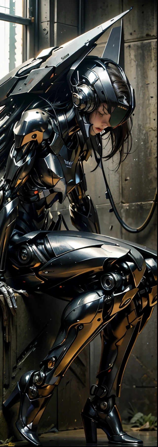 ((masterpiece, highest quality, Highest image quality, High resolution, photorealistic, Raw photo, 8K)), Abandoned robot soldier on battlefield, broken and immobile, Sitting leaning against a wall. rust and moss showing passage of time, female cyborg body, female body, biomechanical , extra detailed body, blowjob white mech, white biomechanical details, detailed body, shiny white armor, cybernetic body, eva unit-00 on back, full body details,