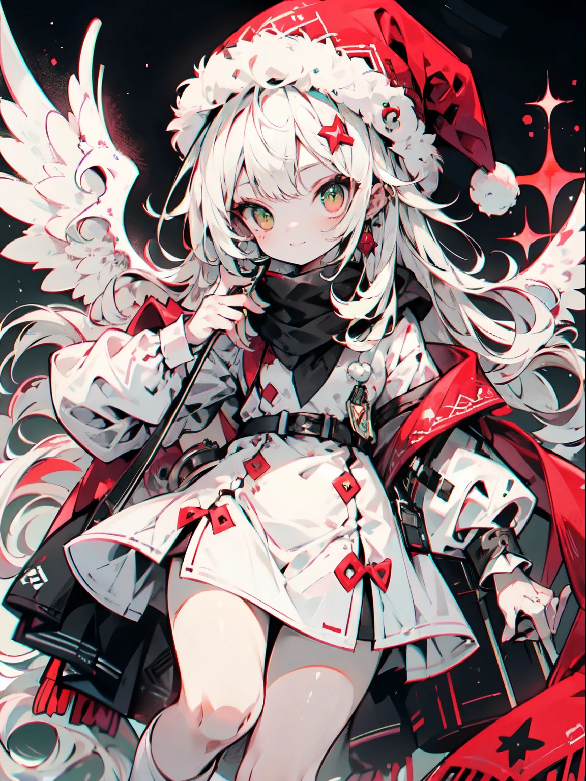 1girl, white hair, bangs, blunt bangs, frilled sleeves, frilled skirt, red windbreaker, hood down, pointy ears, looking at viewer, smile, solo, amused expression, smug, thigh-highs, red eyes, full body, simple background, white background, anime, modern, reference sheet, UHD, best quality
